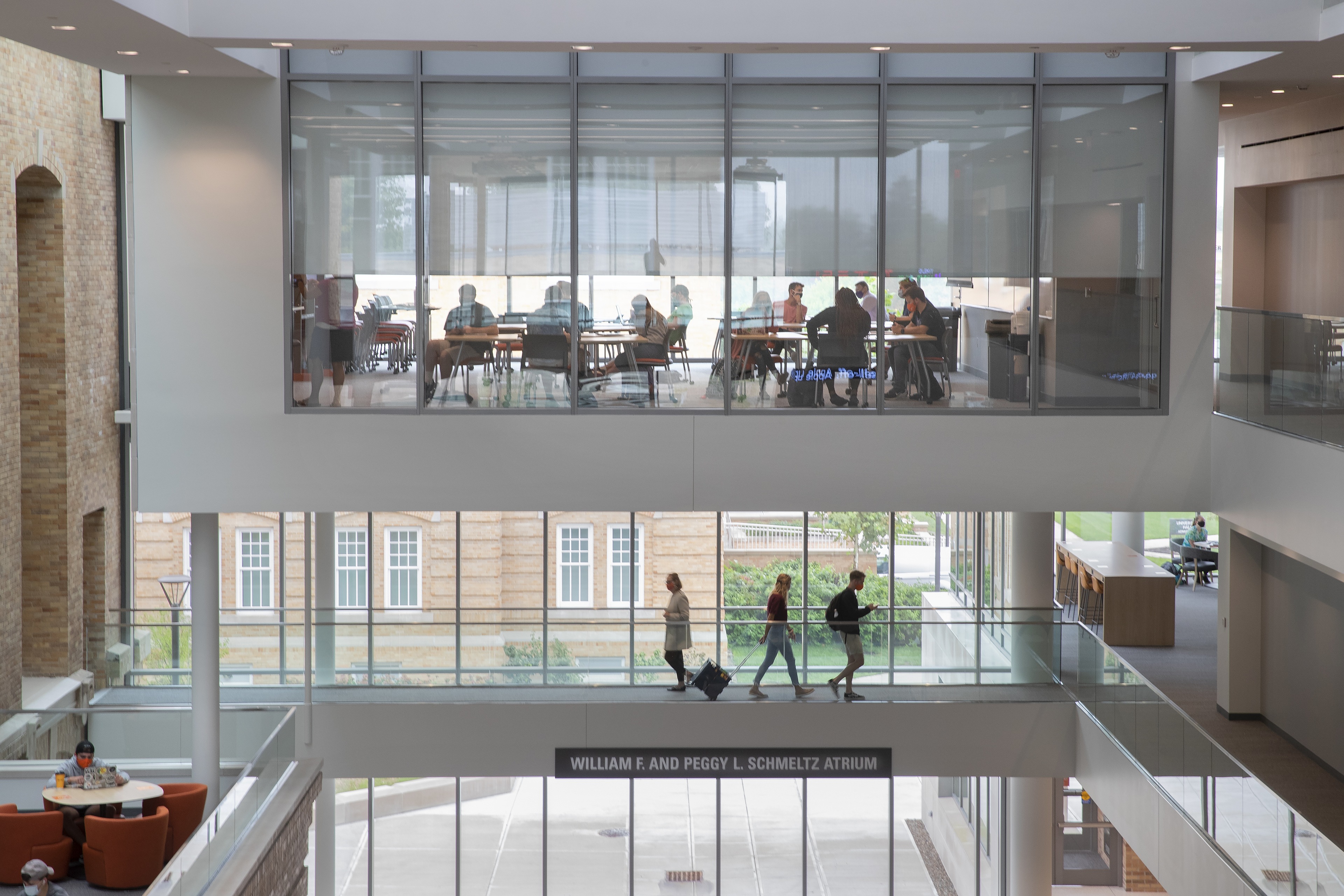 View of the William F. and Peggy L. Schmeltz Atrium and the floating classroom in the Maurer Center on BGSU's campus