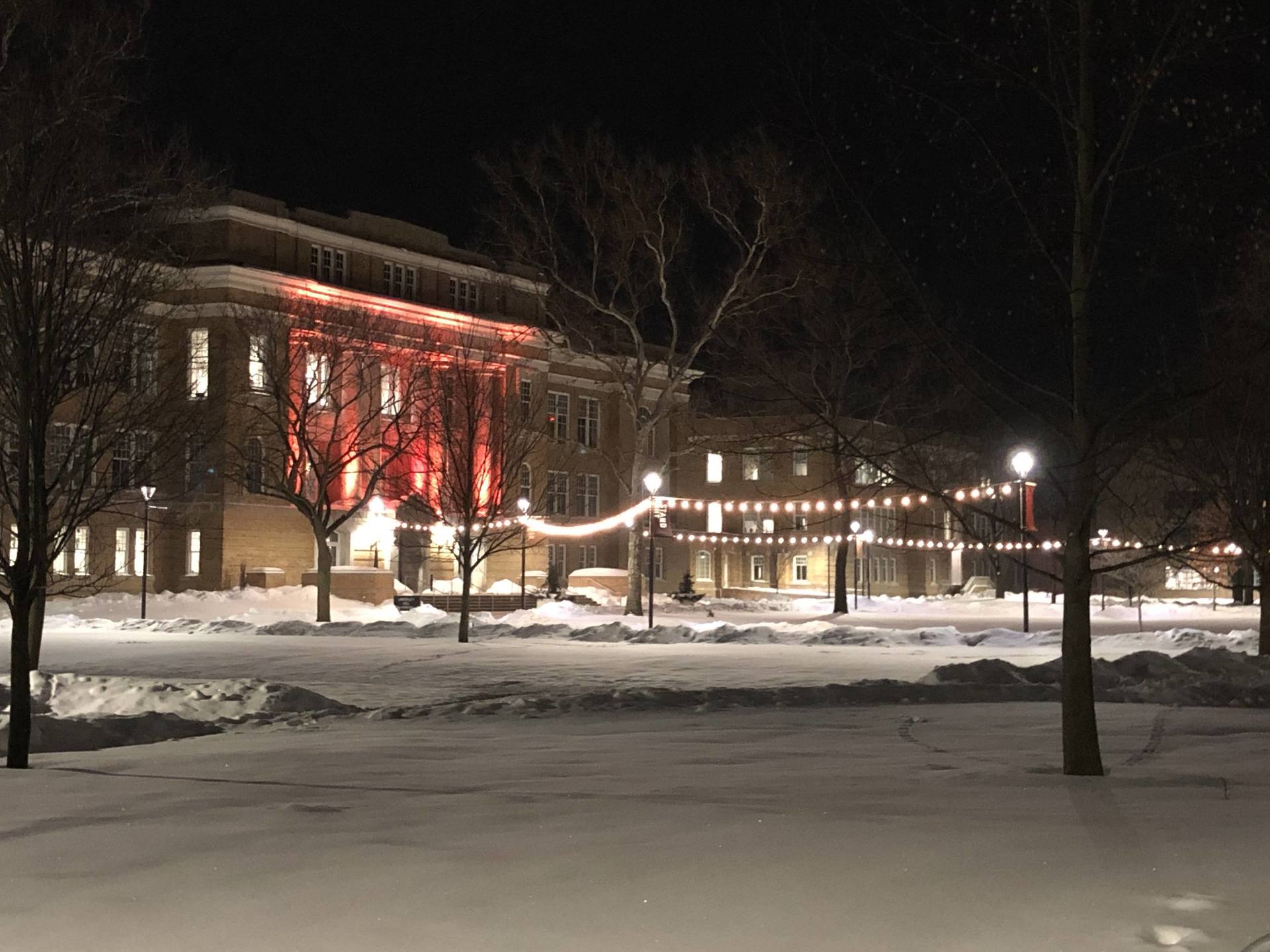 Campus at night during winterfest