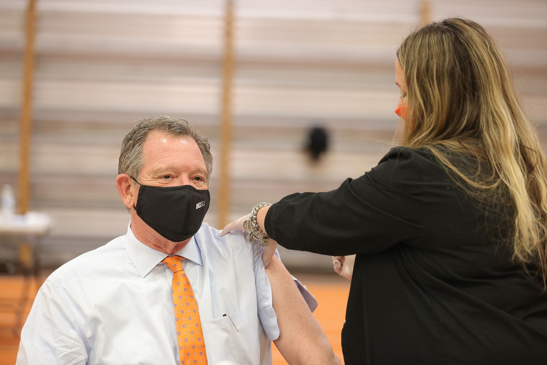 BGSU President Rodney K. Rogers receives the COVID-19 vaccine at the Perry Field House.