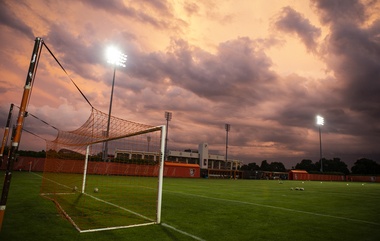 BGSU soccer field with dark clouds above