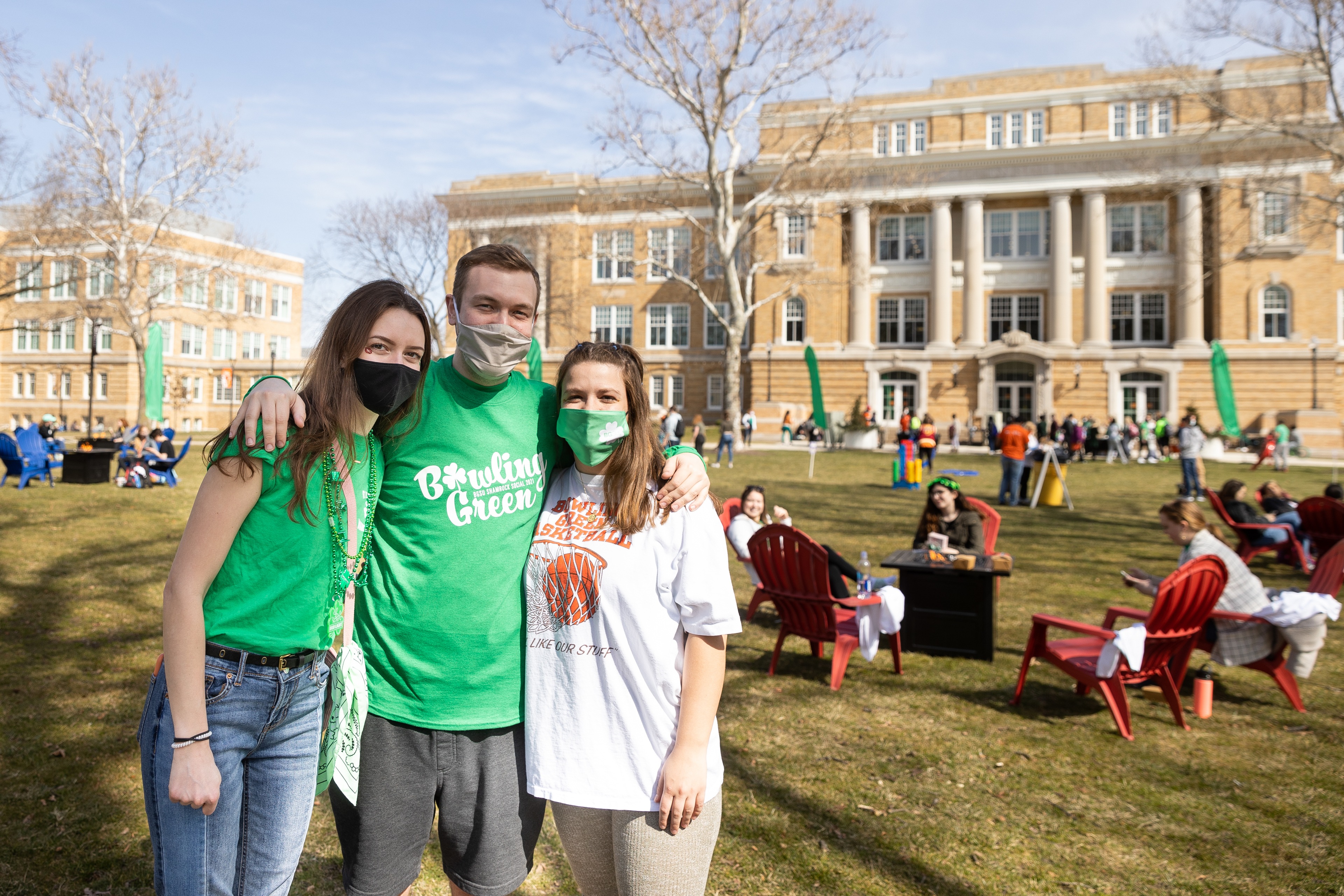 The Bowen-Thompson Quadrangle went green for the Shamrock Social, a new event for students to gather safely on St. Patrick's Day. Students could participate in a variety of activities, including screen printing, live music and free food. 