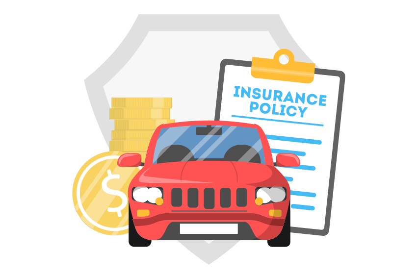 Illustration of a car with coins and a clipboard with a document labeled 'insurance policy'