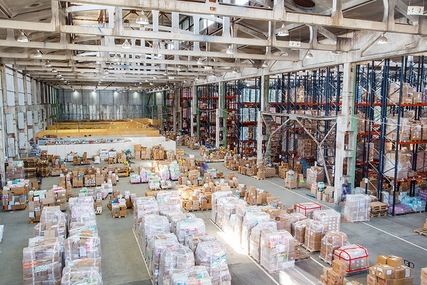 packages piled up in a warehouse
