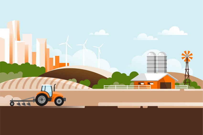 Farm with orange tractor and barn. In the distance there are many tall city buildings and wind turbines
