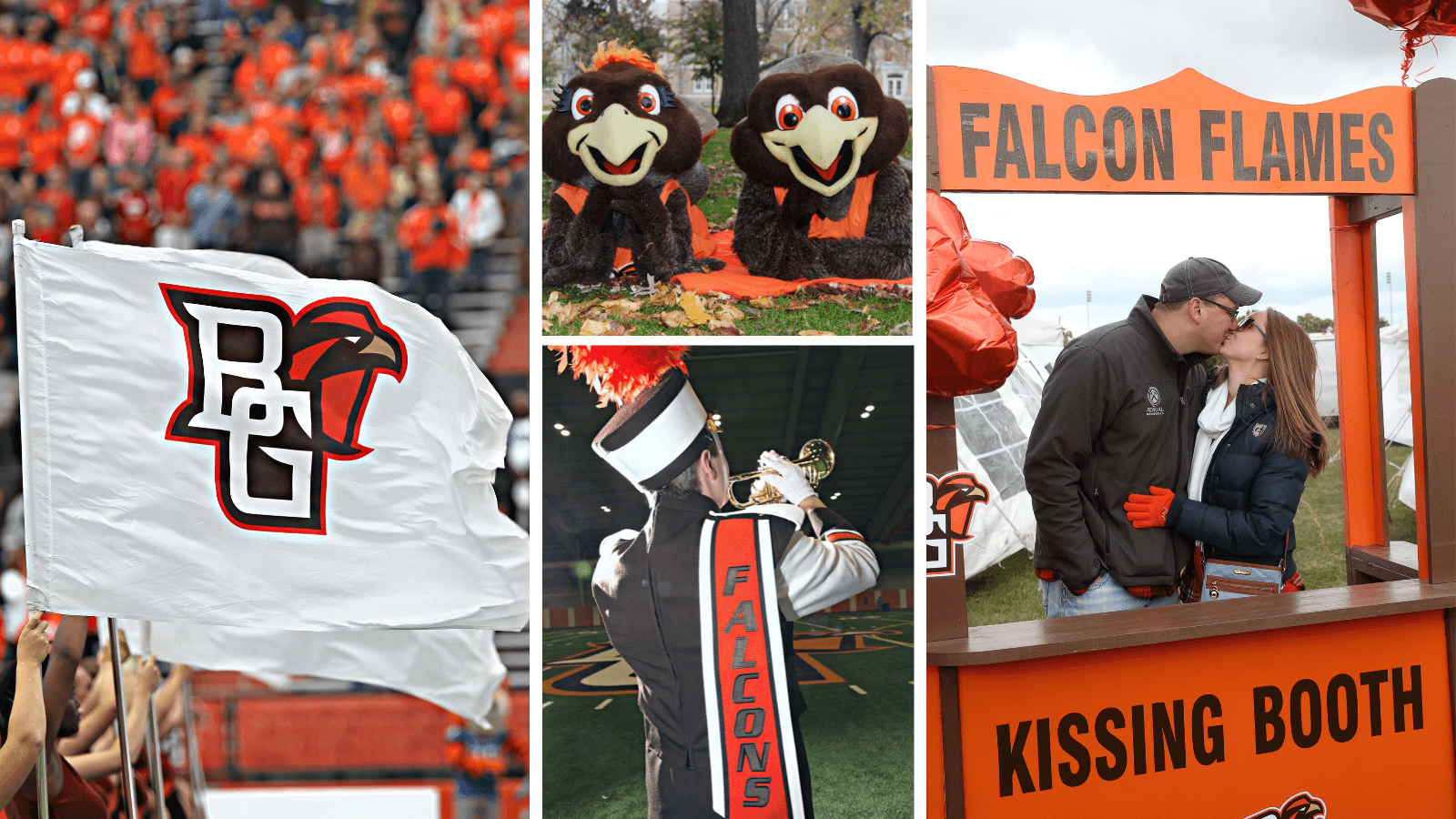 A collage of traditions including the BGSU athletics flag, the BGSU marching band, Freddie and Frieda, and two people kissing under the Falcon Flames sign