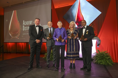 BGSU President Rodney K. Rogers and distinguished alumni Dr. Anthony “Tony” Rucci, Brenda J. Hollis, Beth Macy and Clarence Albert Daniels Jr.