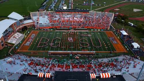  The marching band spells out BGSU on the football field