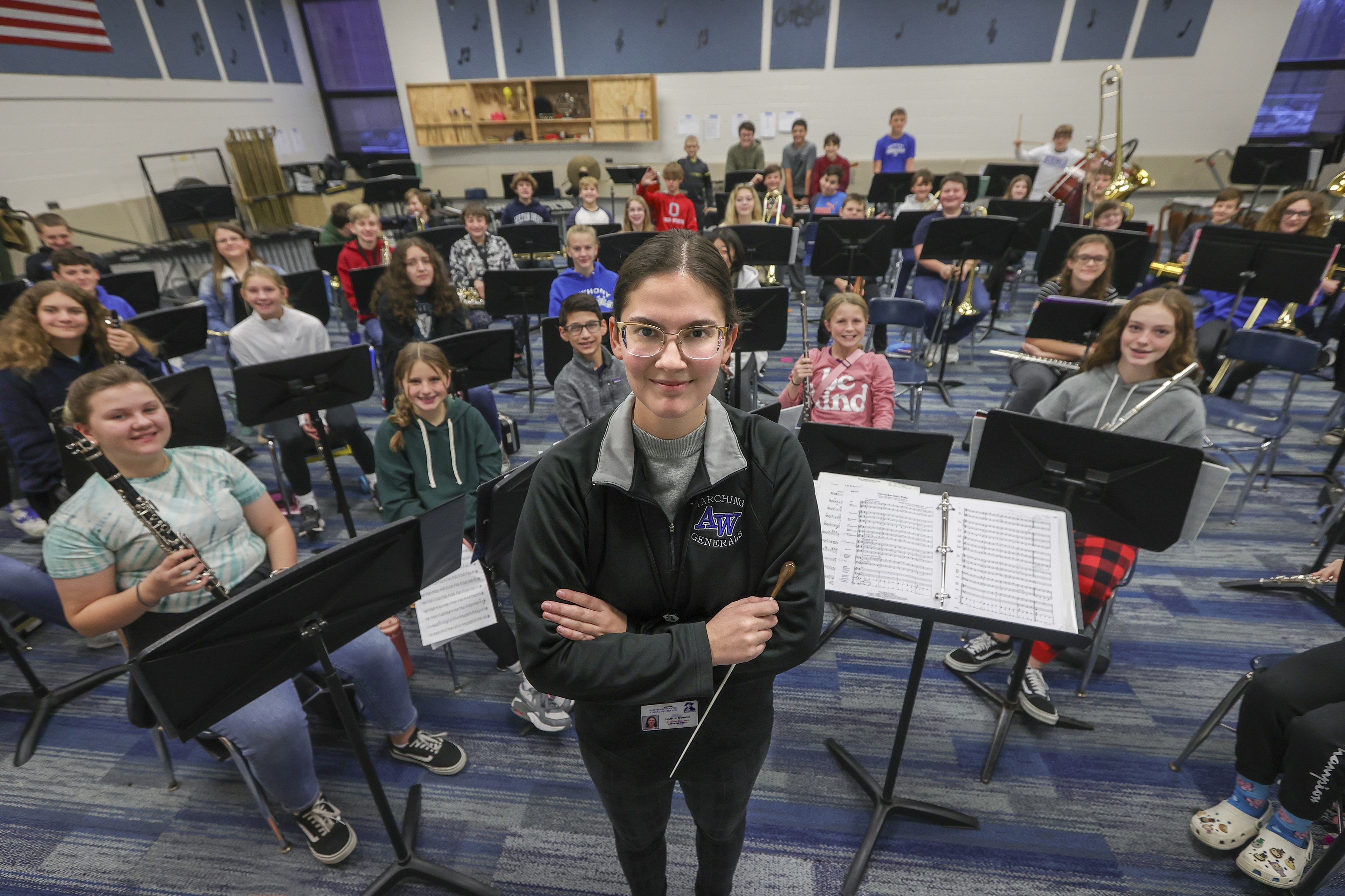 Lainie Roper in front of a class of music students