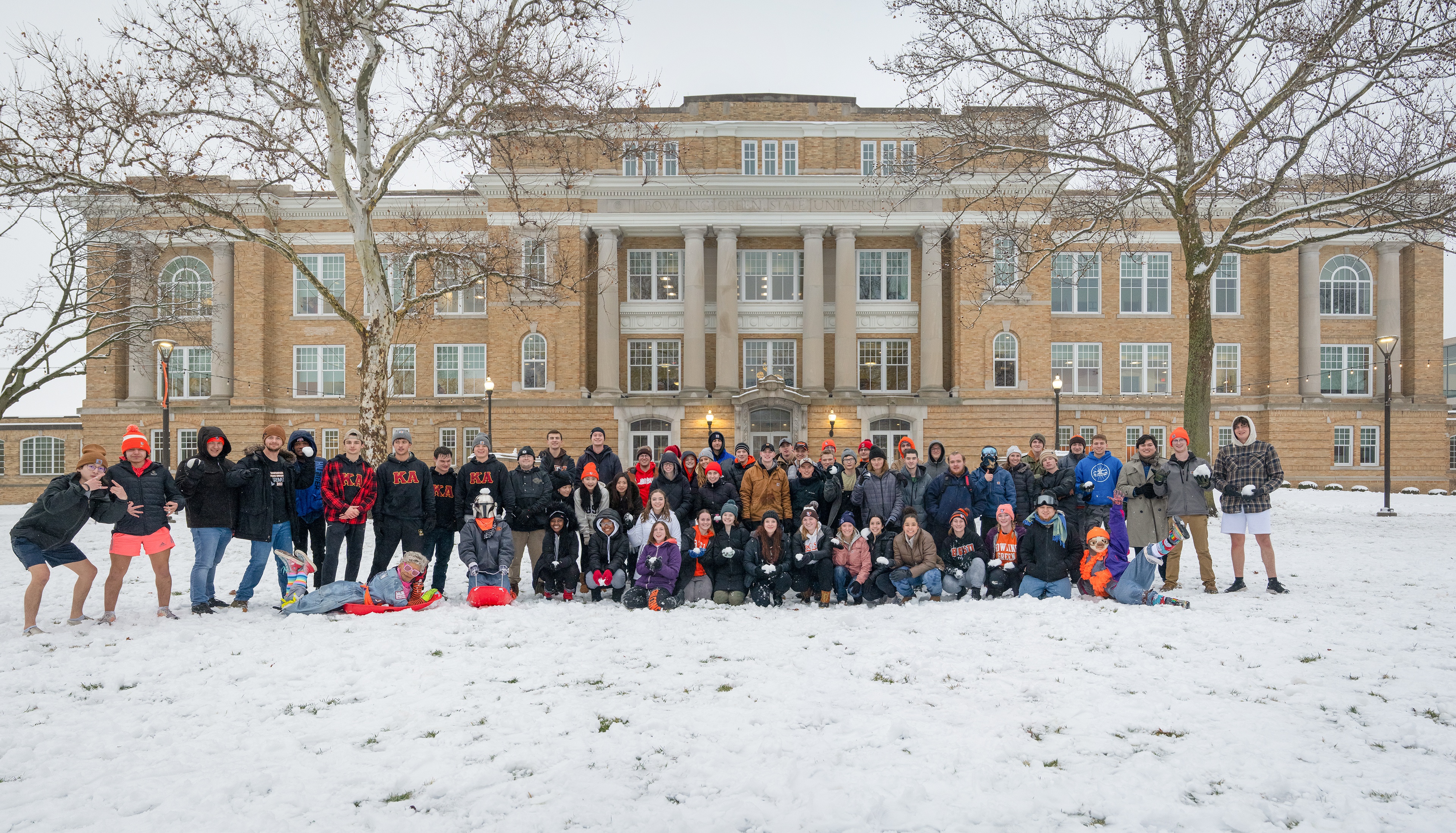 A big group of students who were in a snowball fight