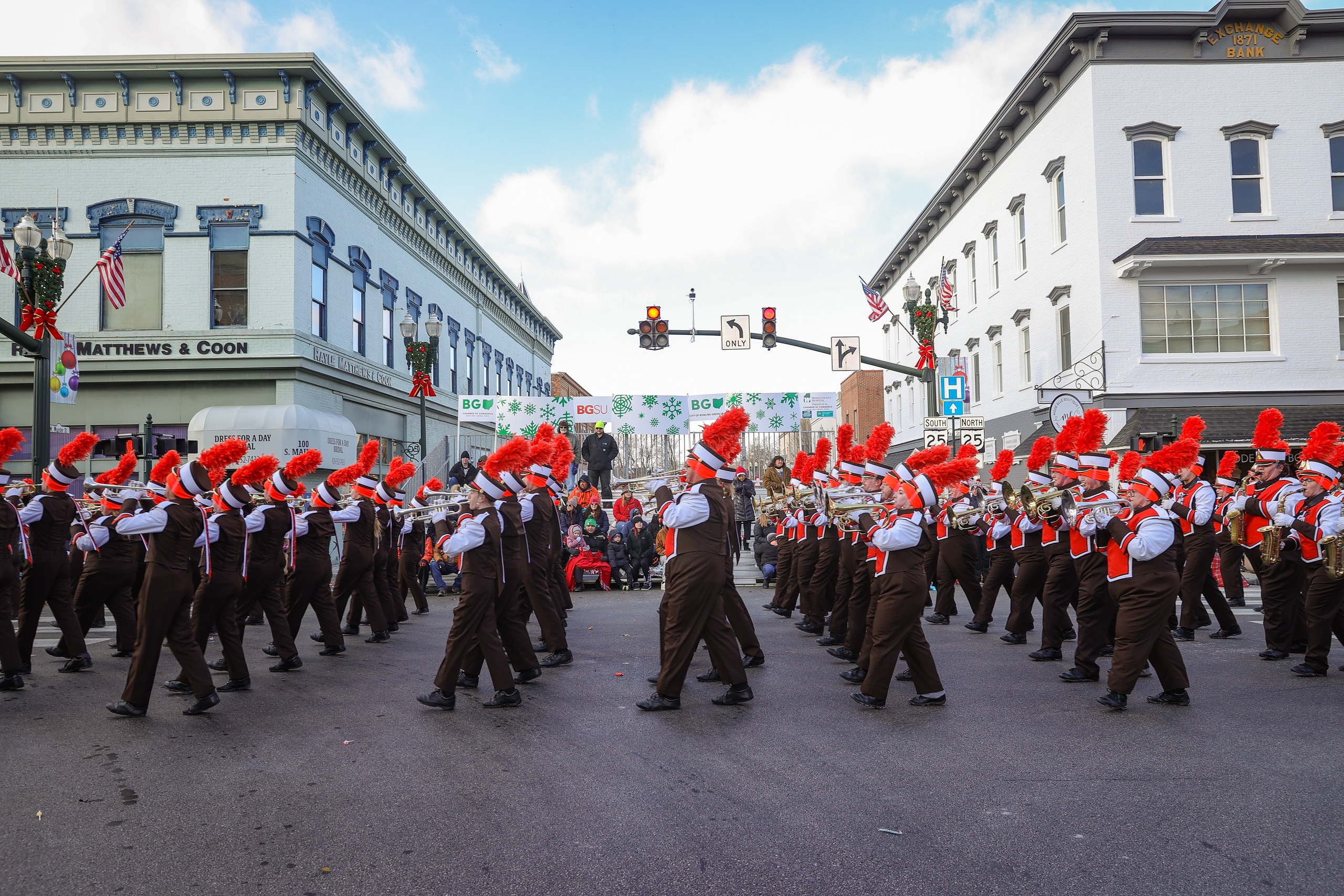 Members of Falcon Marching Band perform in downtown Bowling Green