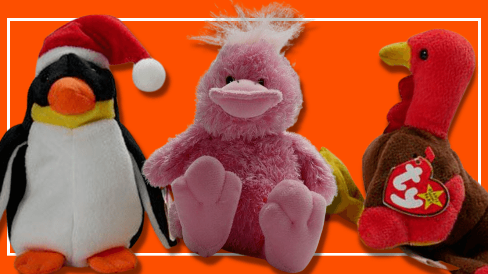 Three Beanie Baby toys - penguin, platypus and turkey