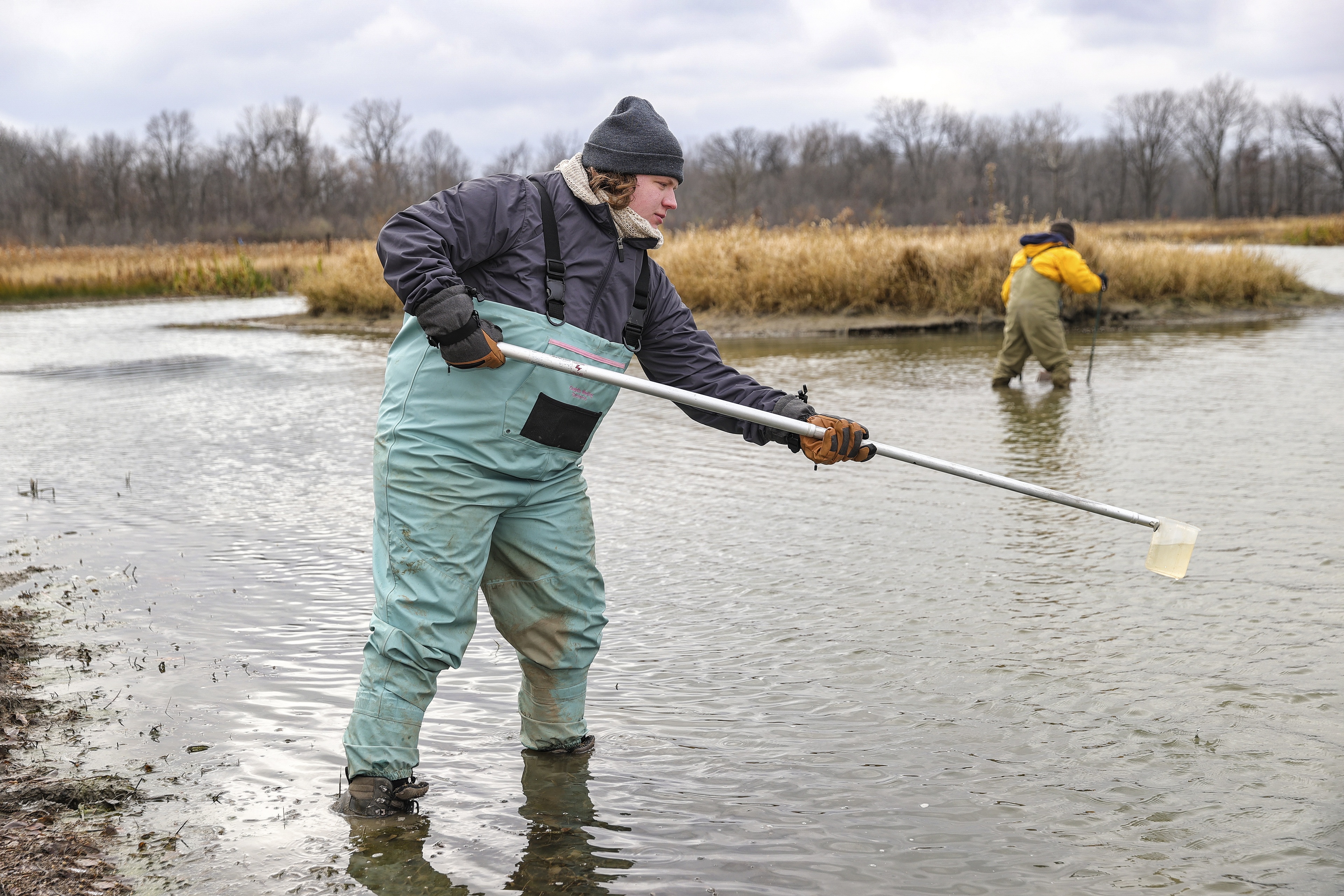 BGSU water researcher dips a cup attached to a long pole into water to get a sample