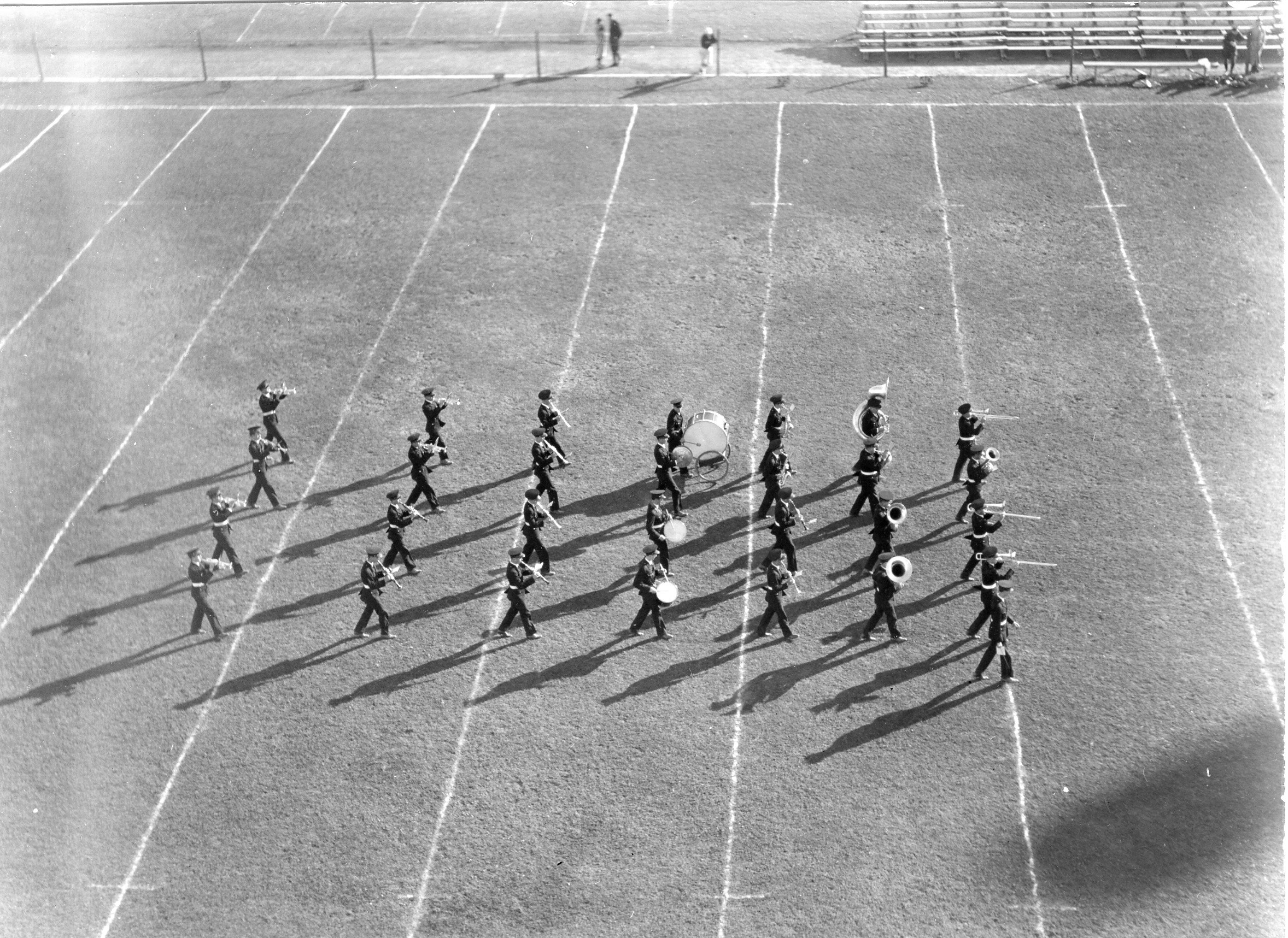 Historic photo shows 29 musicians of the BGSU marching band on the field in 1934