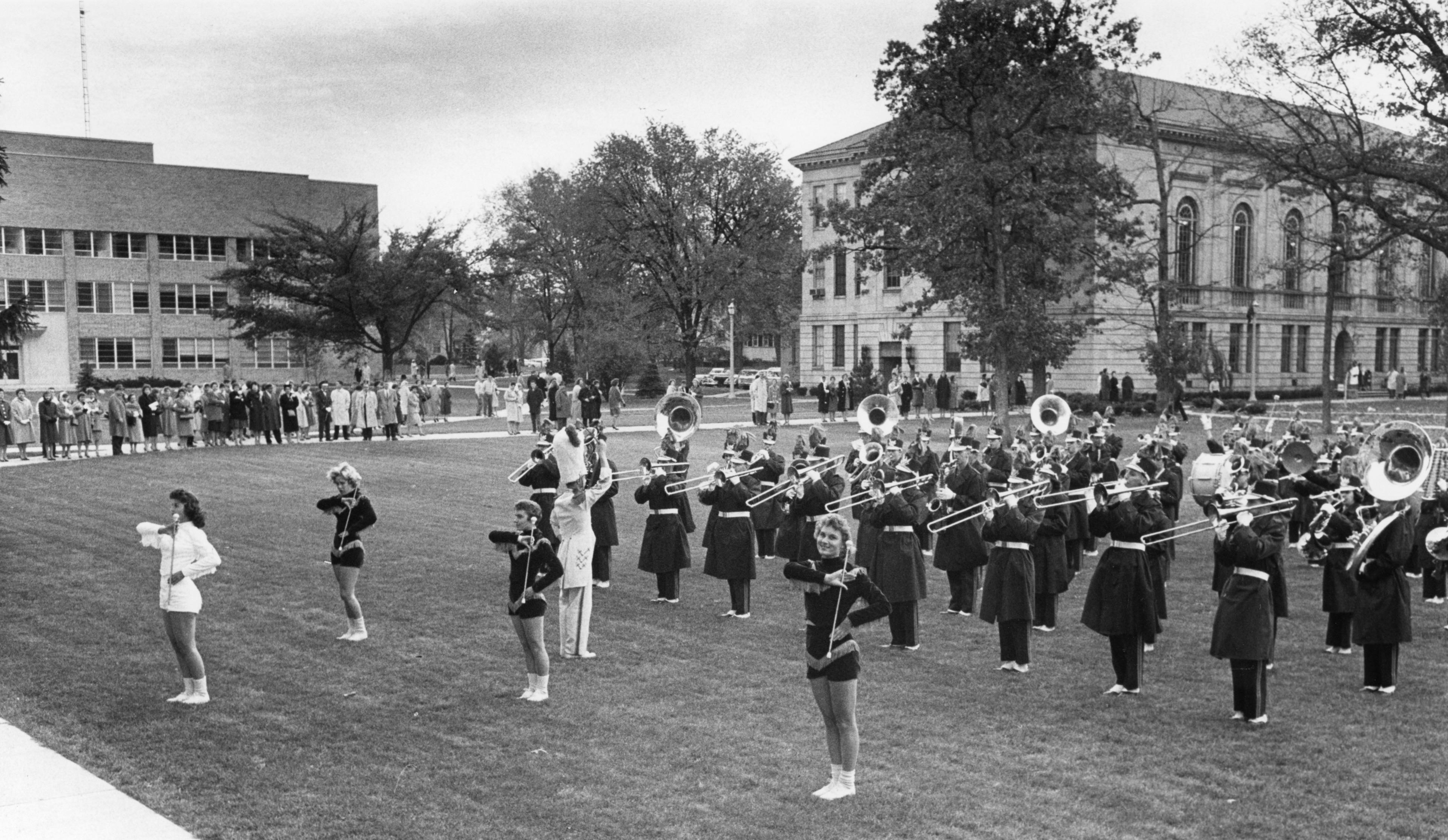 Falcon Marching Band members perform on the quad during the 1960 Homecoming