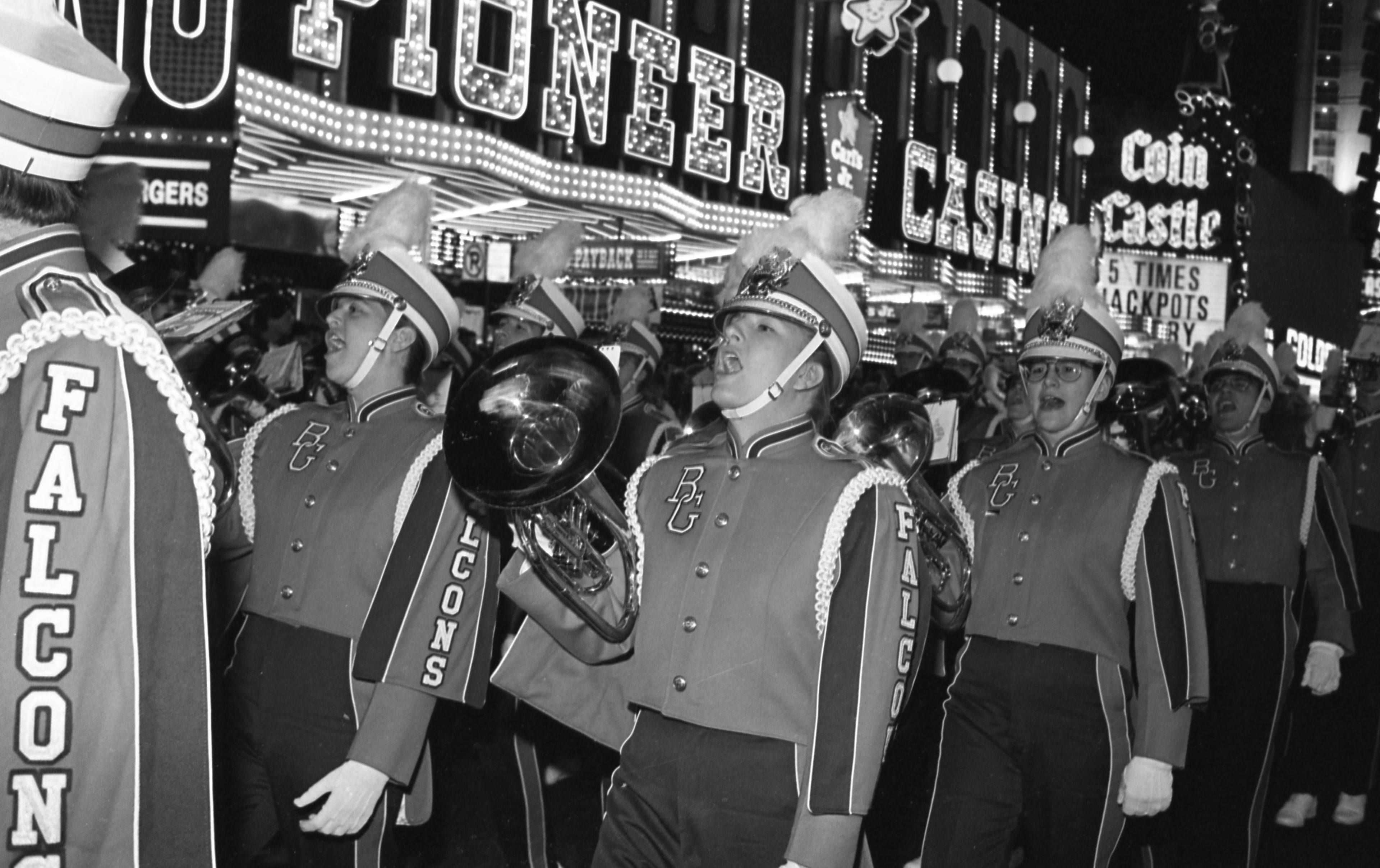 Band members marching in the Las Vegas strip in 1992 