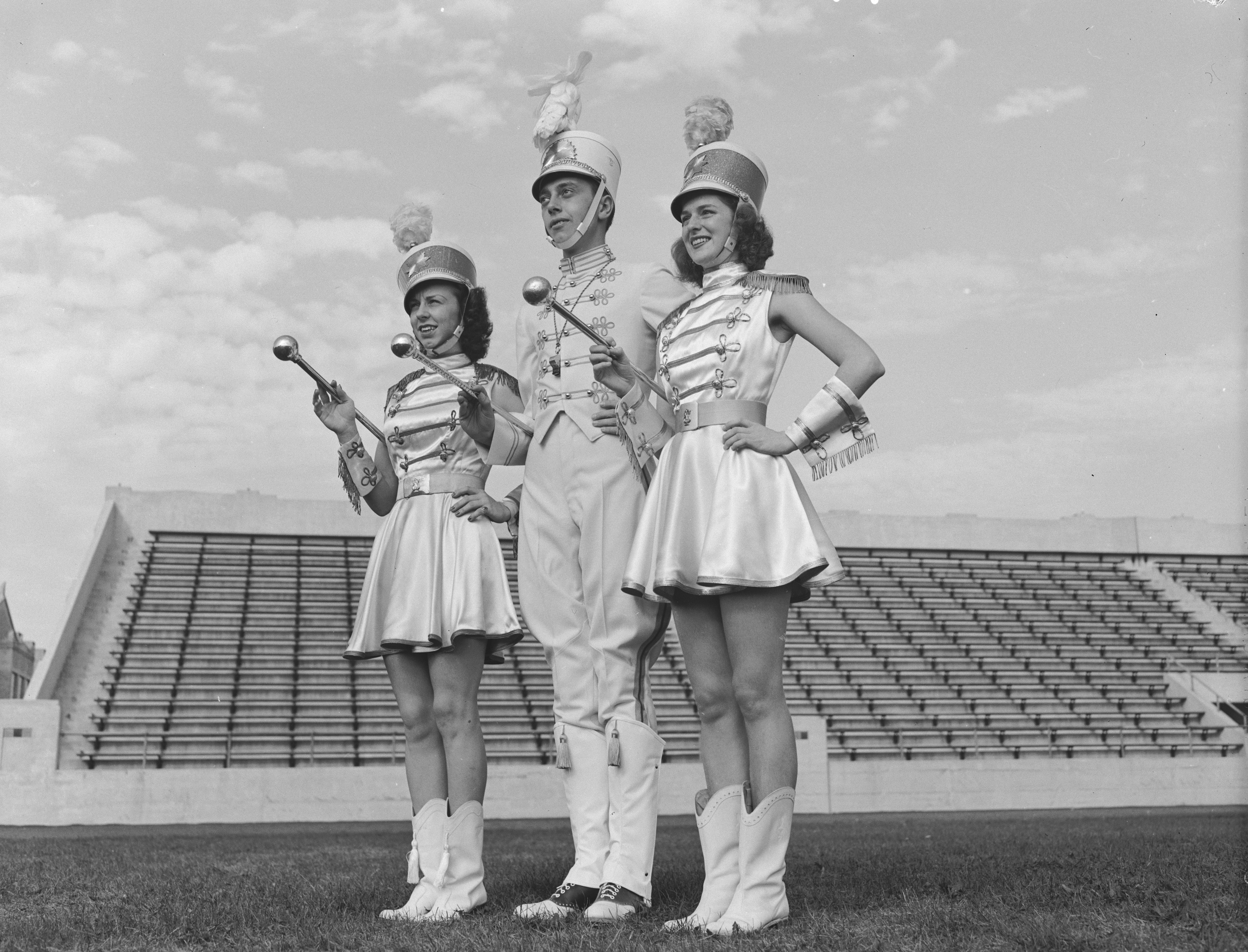 Historic photo shows three drum majors for the Bowling Green marching band