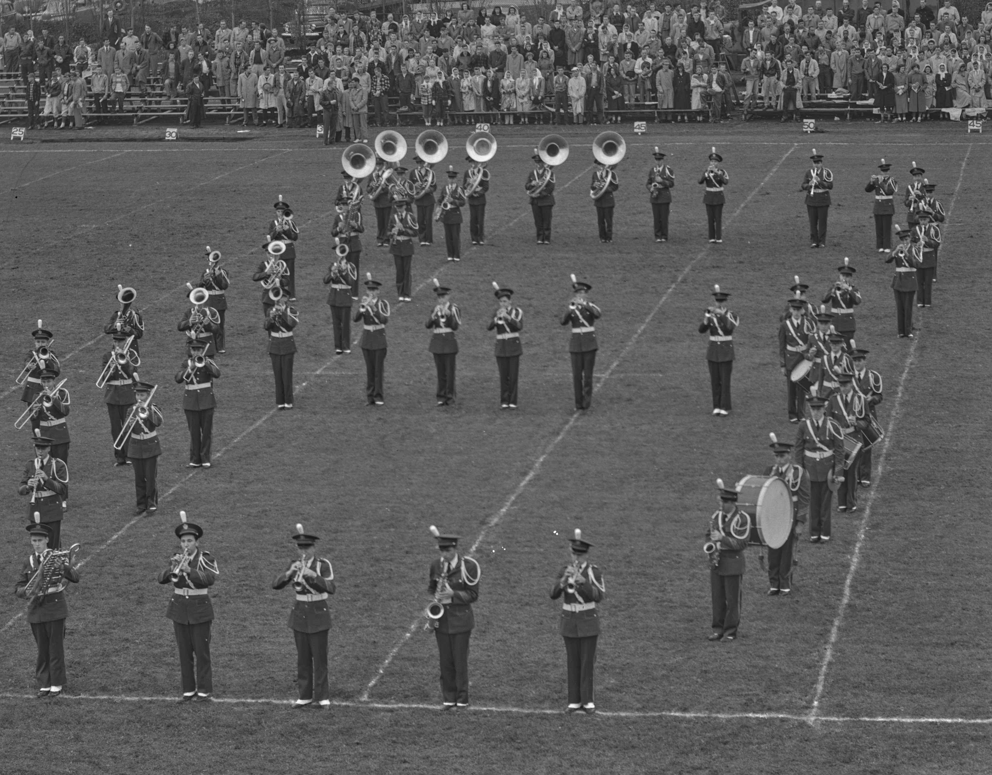 Historic photo from 1940s shows BGSU marking band in a block B formation