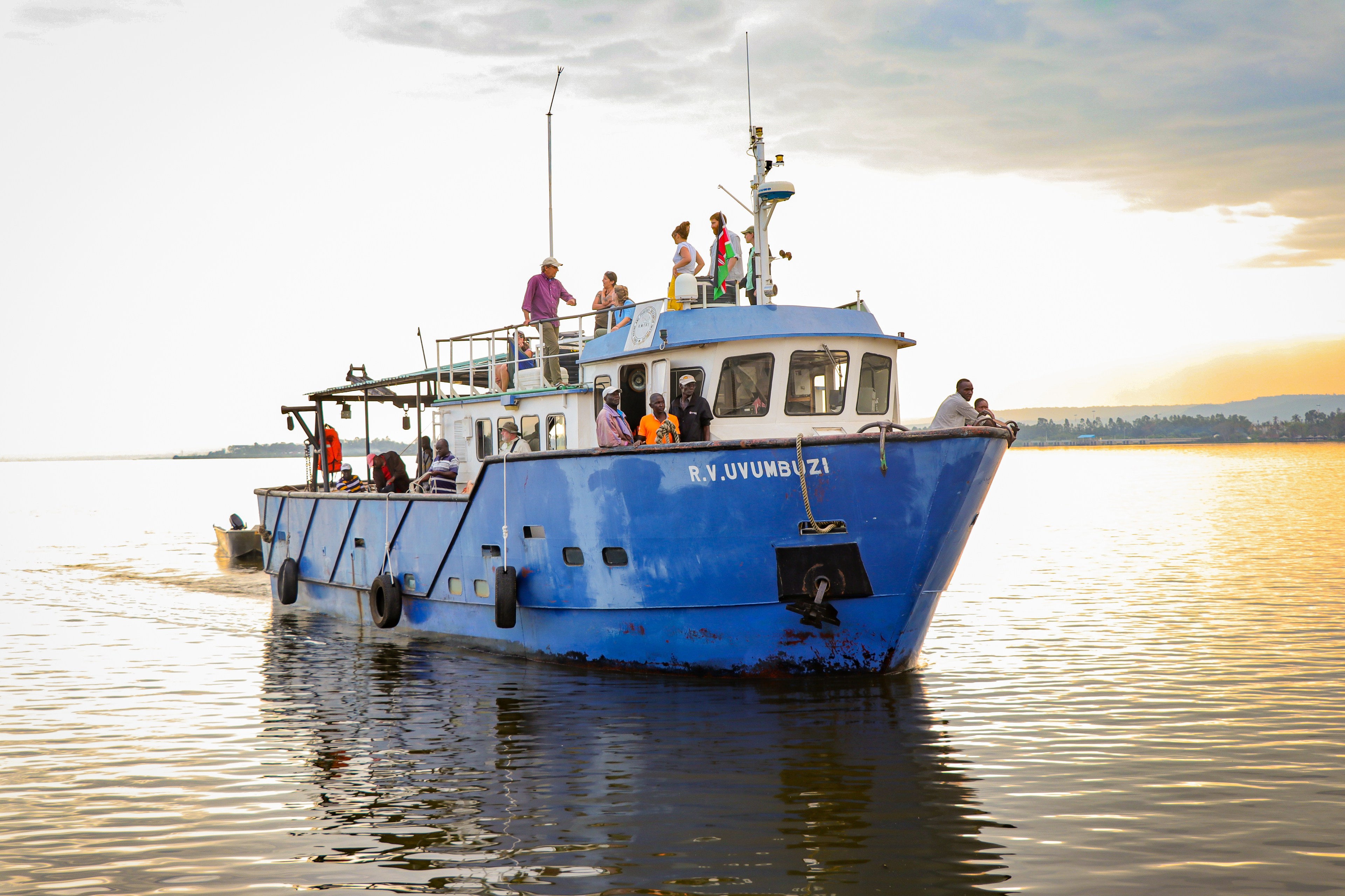 BGSU researchers and other scientists ride a boat on Africa's Lake Victoria