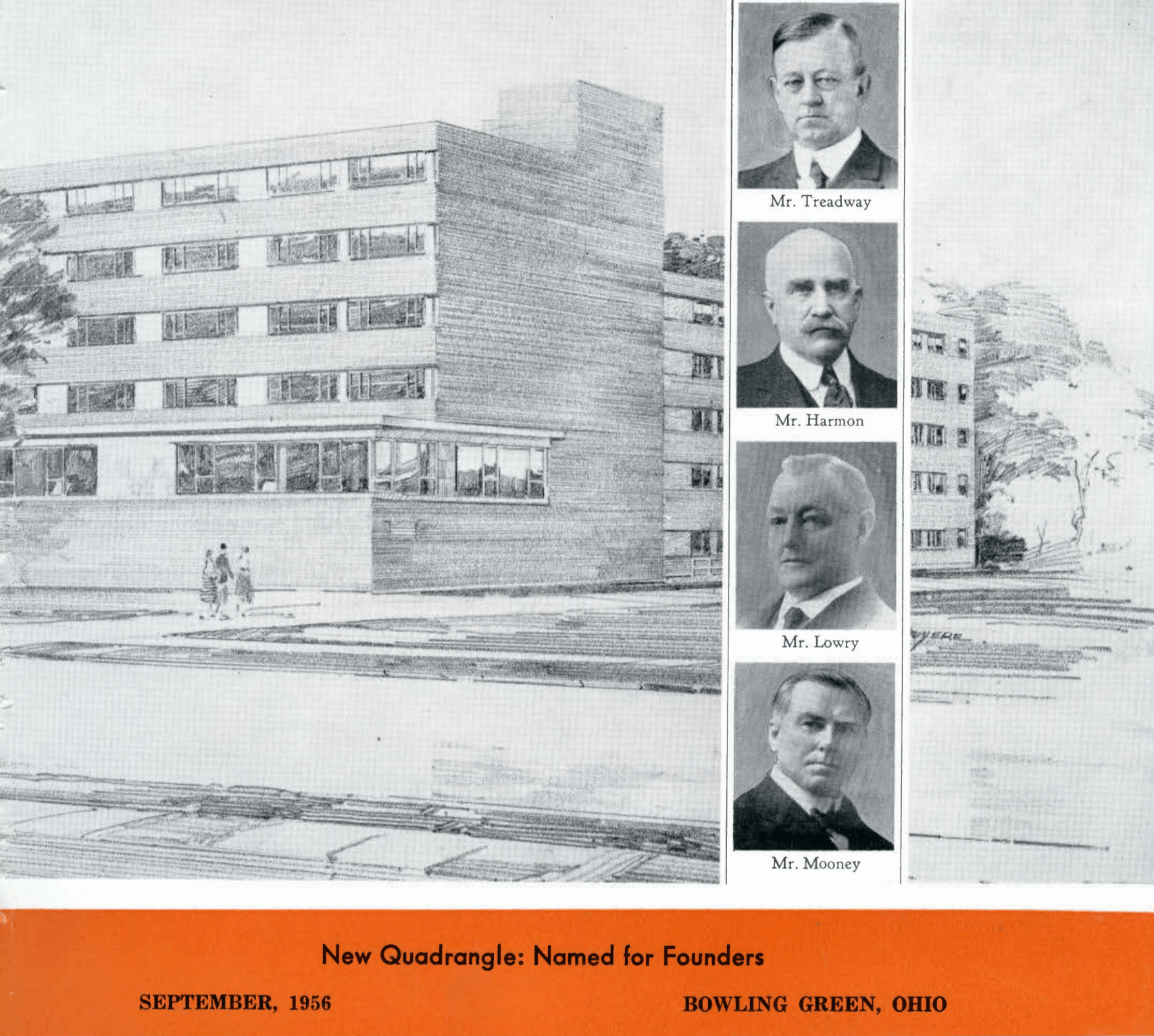 Cover of BGSU Magazine from 1956 shows four men instrumental in the founding of BGSU:  Francis W. Treadway, Gov. Judson Harmon, John Hamilton Lowry and Granville W. Mooney. 