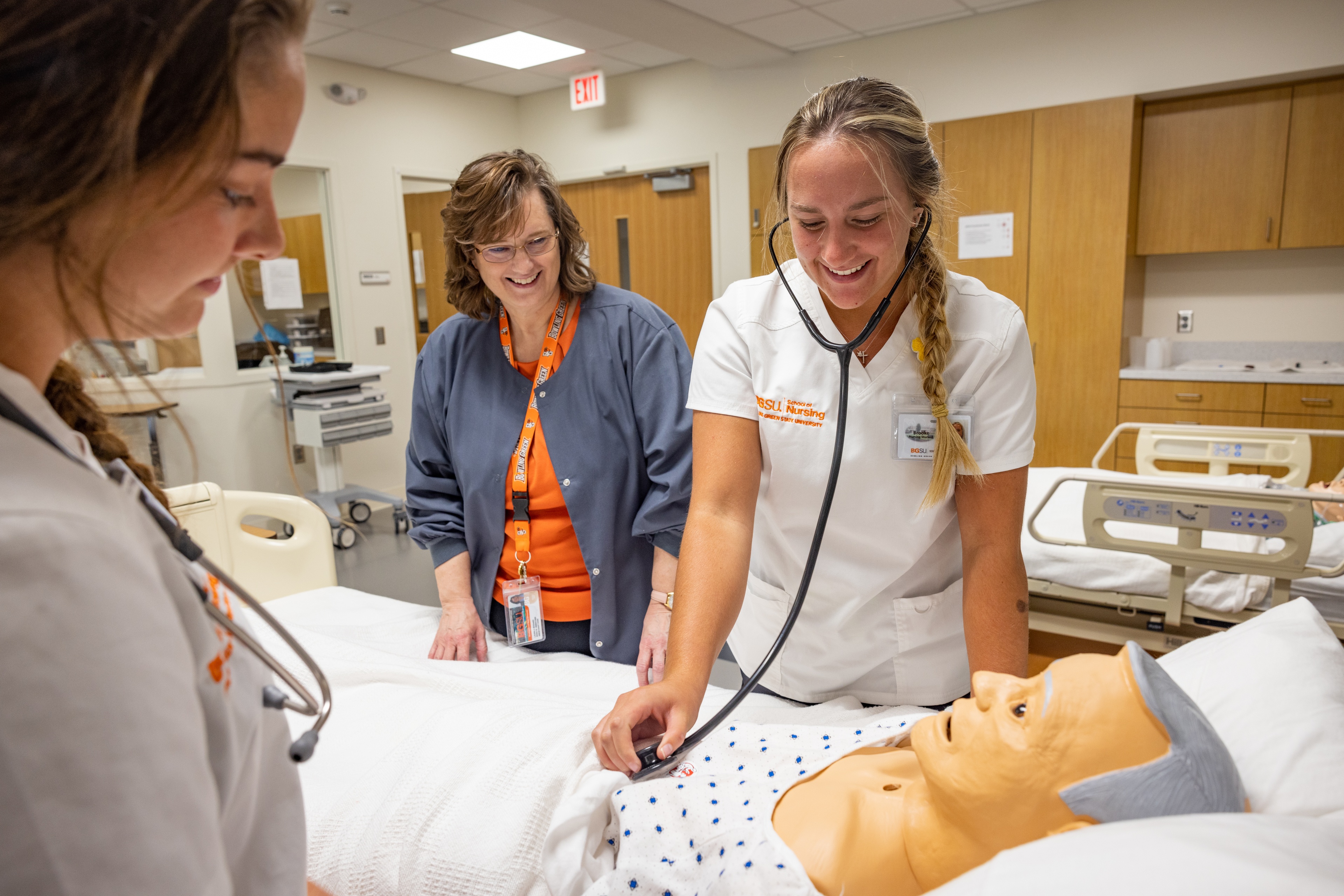 BGSU alumna Laura Bogard '22 earned her RN to BSN degree after more than 30 years in nursing and now works in the skills lab in Central Hall assisting students with nursing skills (BGSU photo/Craig Bell)