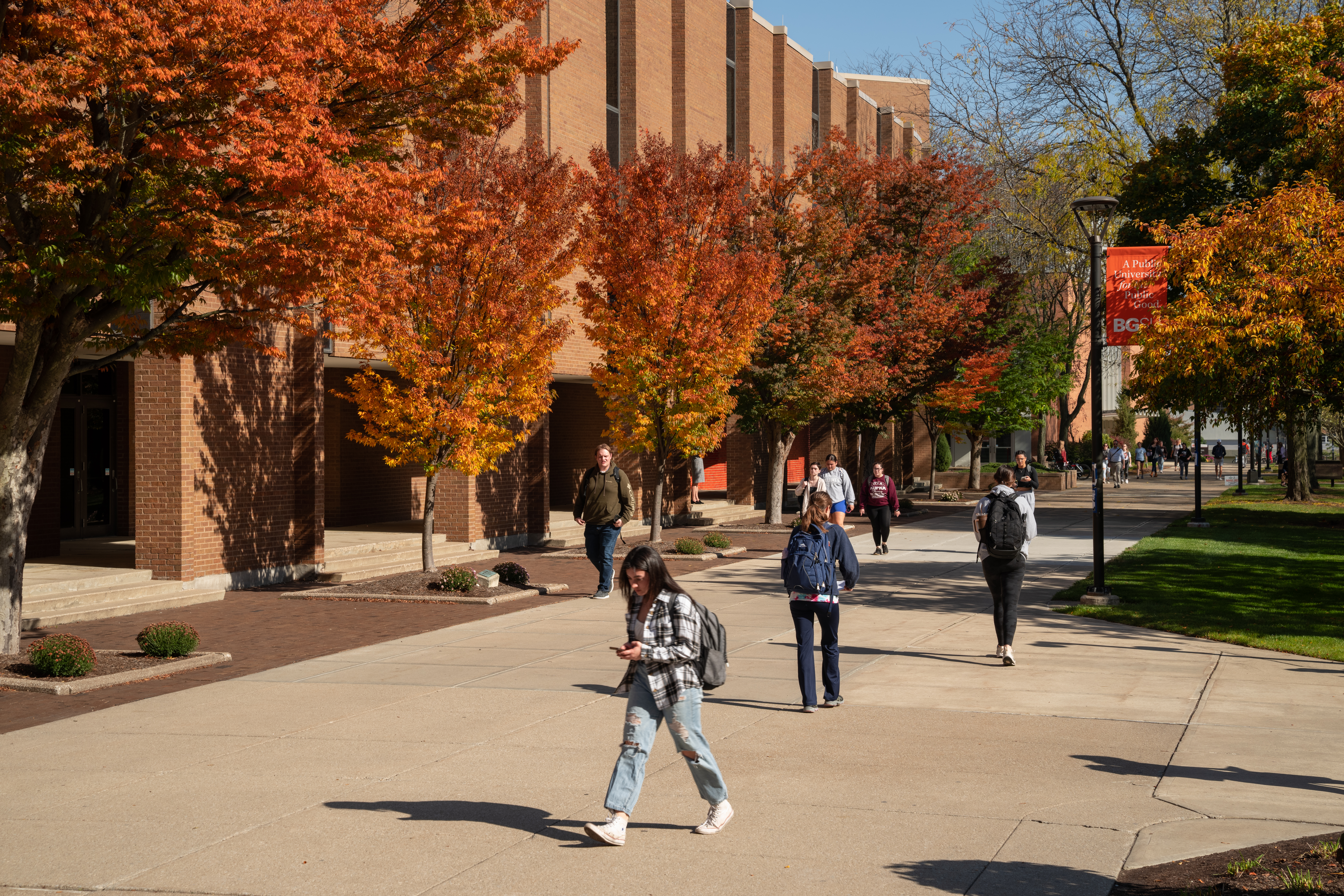 Students walk on campus in autumn with trees showing orange and yellow leaves