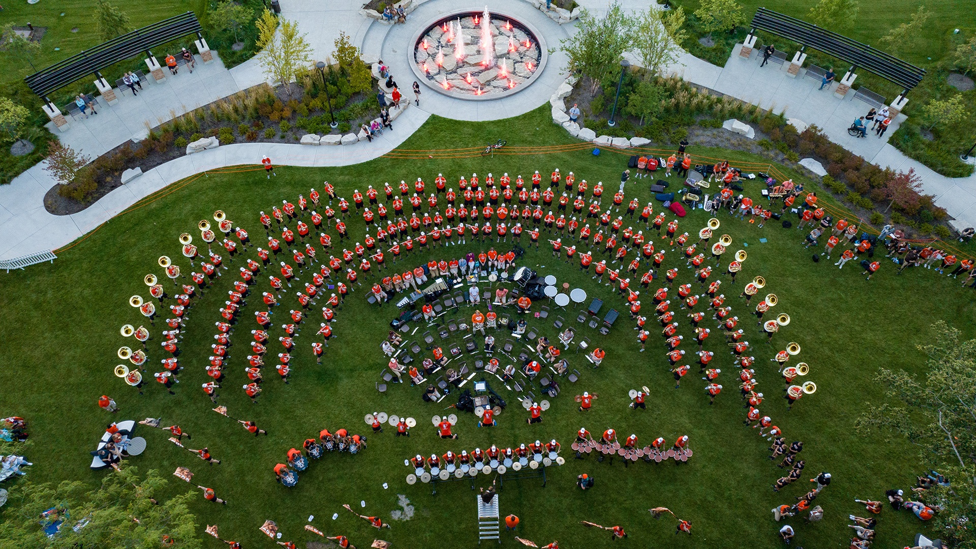 Aerial view of Falcon Marching Band performing by the Alumni Gateway at BGSU