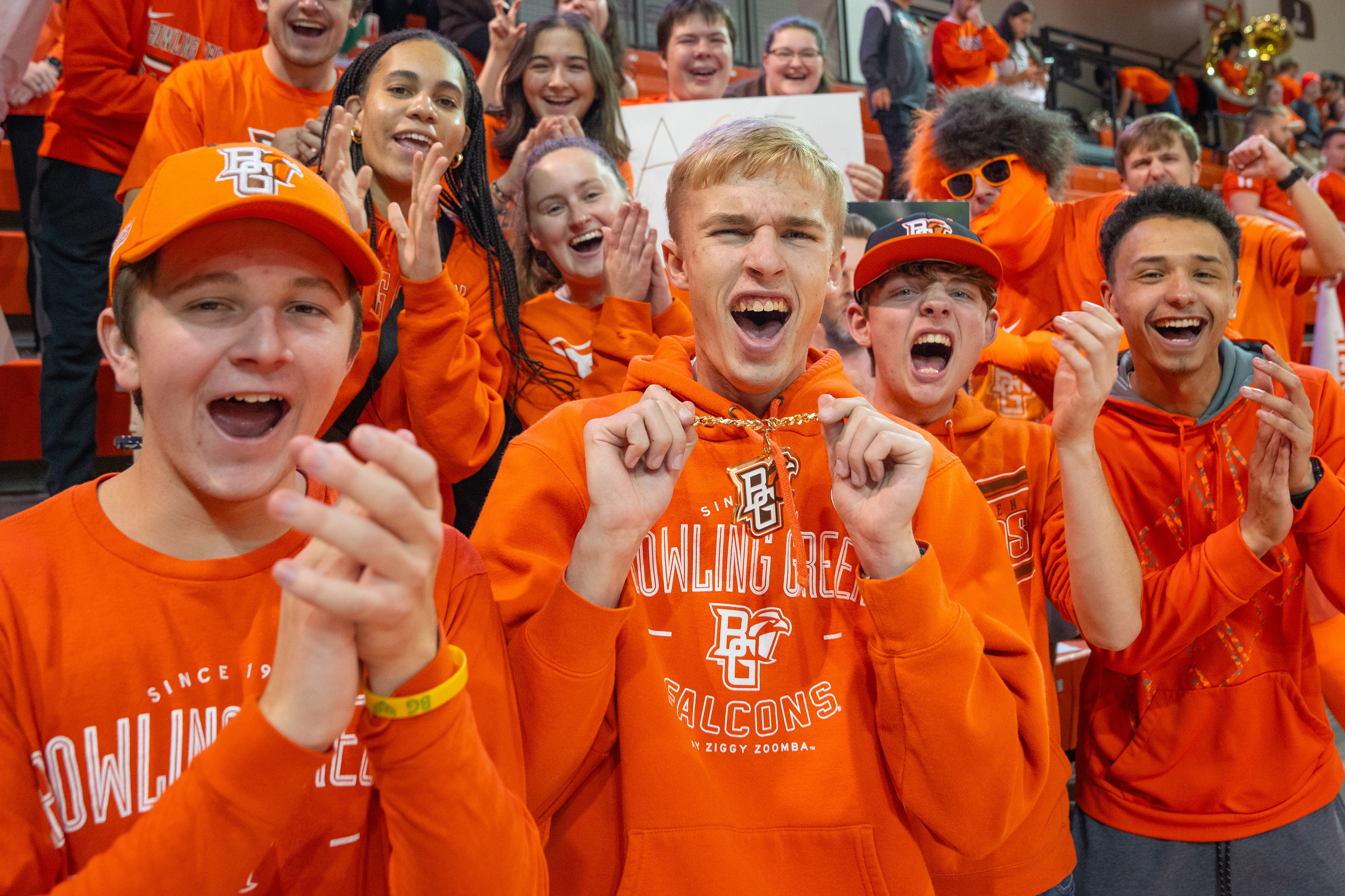 BGSU fans cheer in the stands at the Stroh Center during a women's basketball game