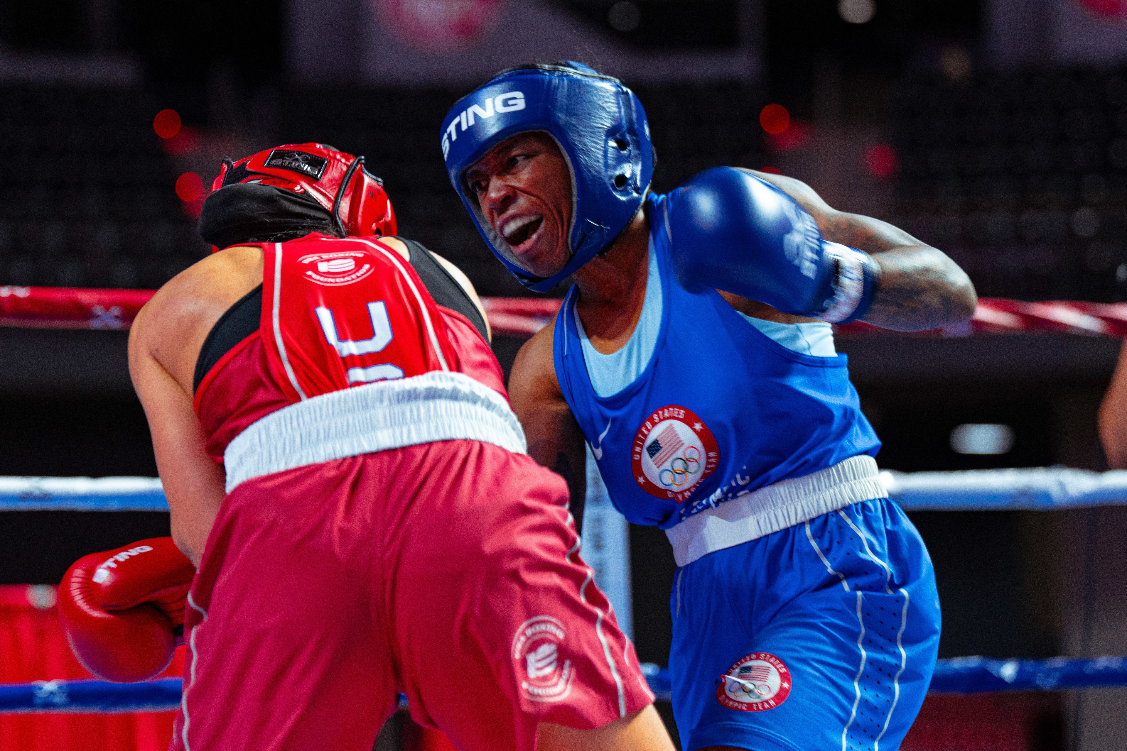Two boxers engage during a bout at the U.S. Olympic Team Trials.