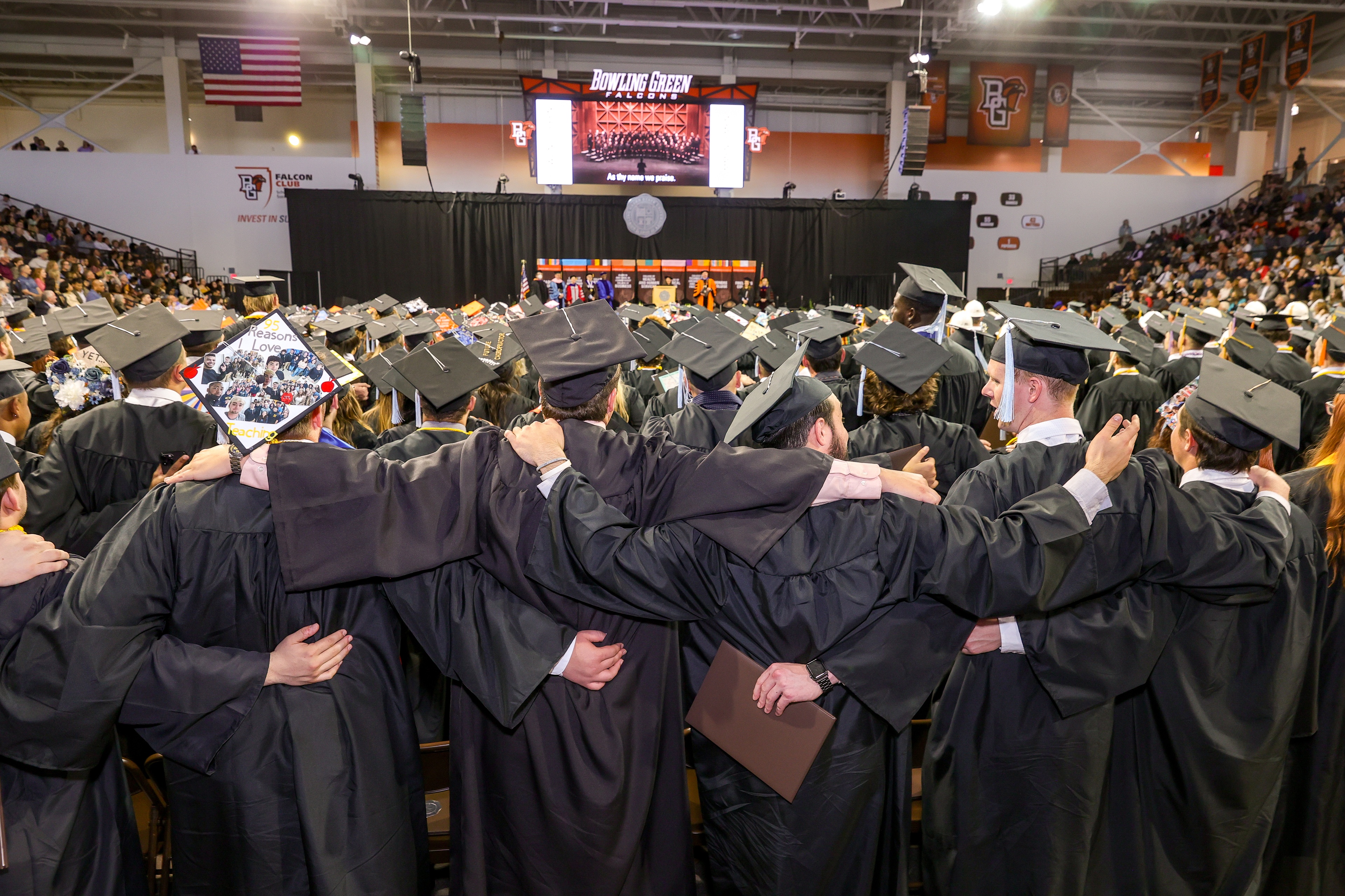 New BGSU graduates celebrate their accomplishments by singing the University's Alma Mater at Commencement