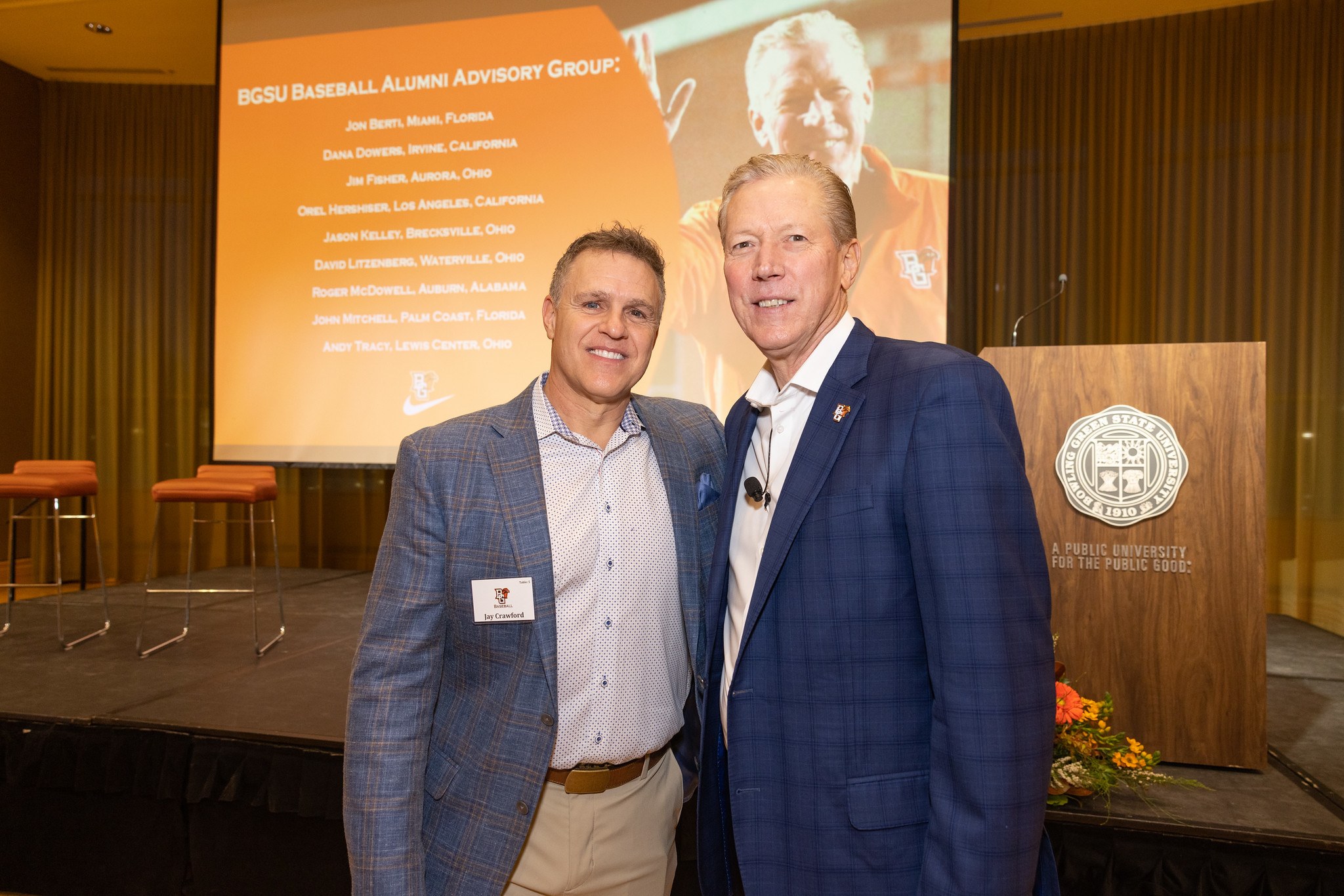 Host Jay Crawford '87 and MLB great Orel Hershiser pose for a photo 