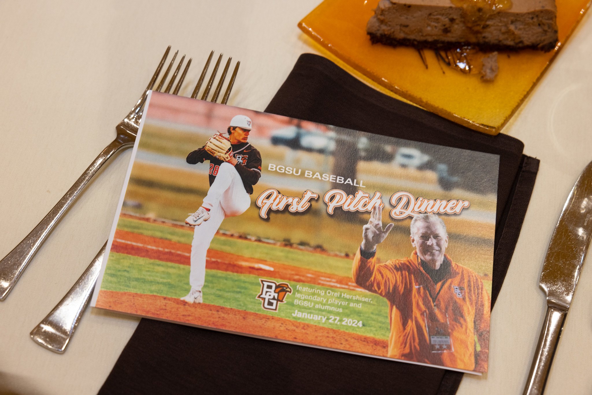 A program with the words: BGSU Baseball First Pitch Dinner, featuring Orel Hershiser, legendary player and BGSU alumnus, January 27, 2024