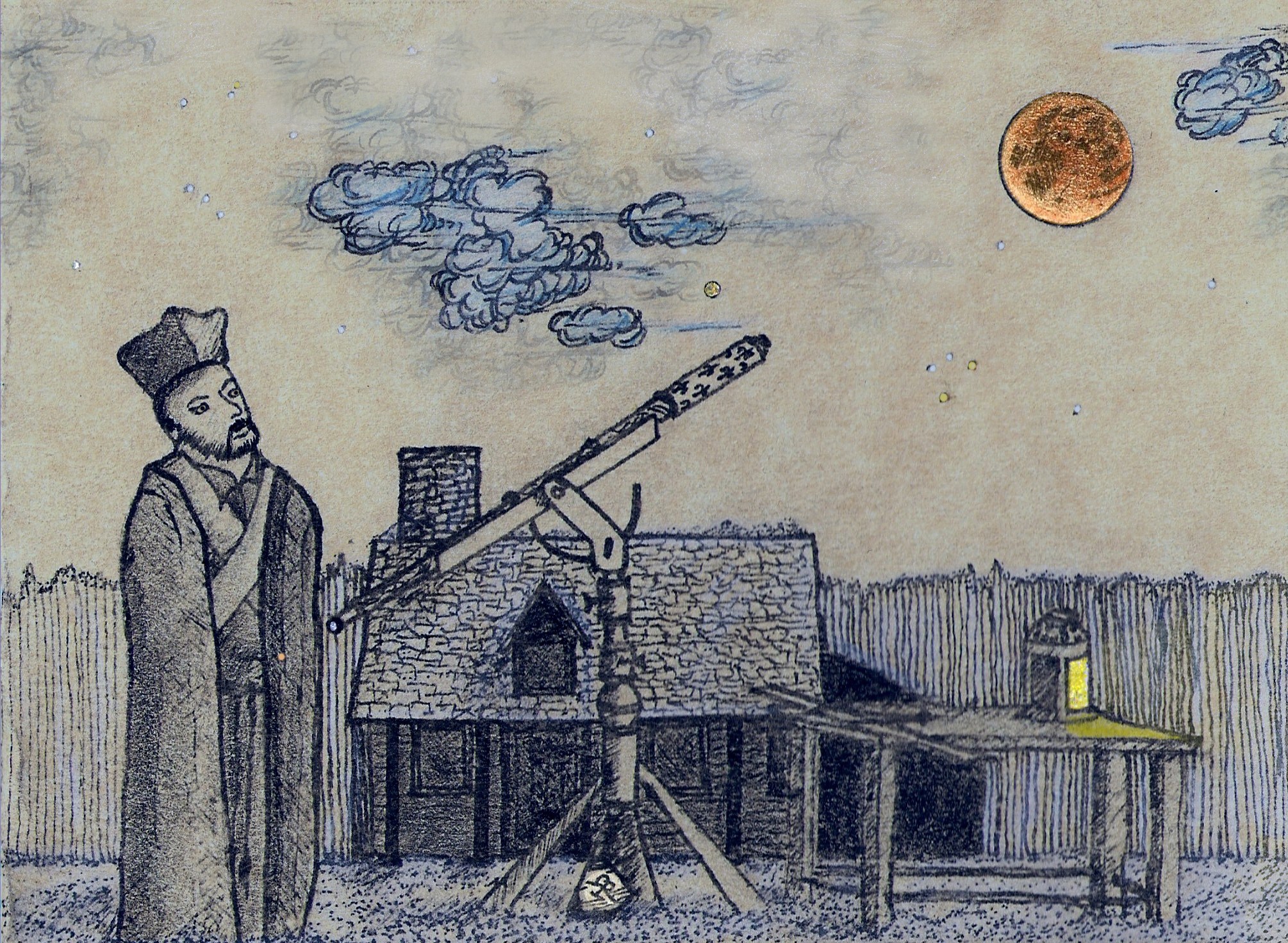 A drawing of a person standing in front of a telescope