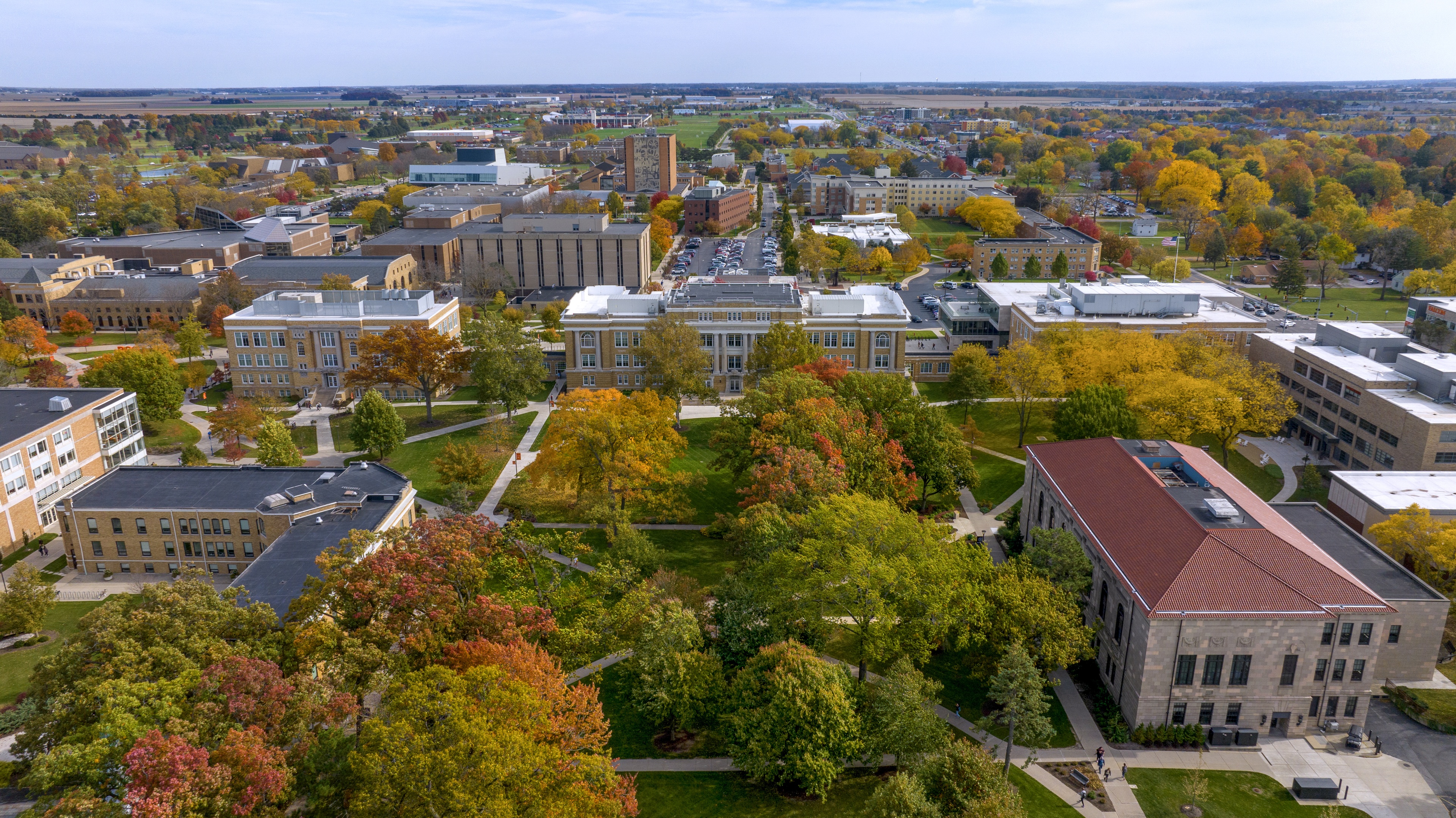 A drone photo showcases the historic buildings on the BGSU campus.