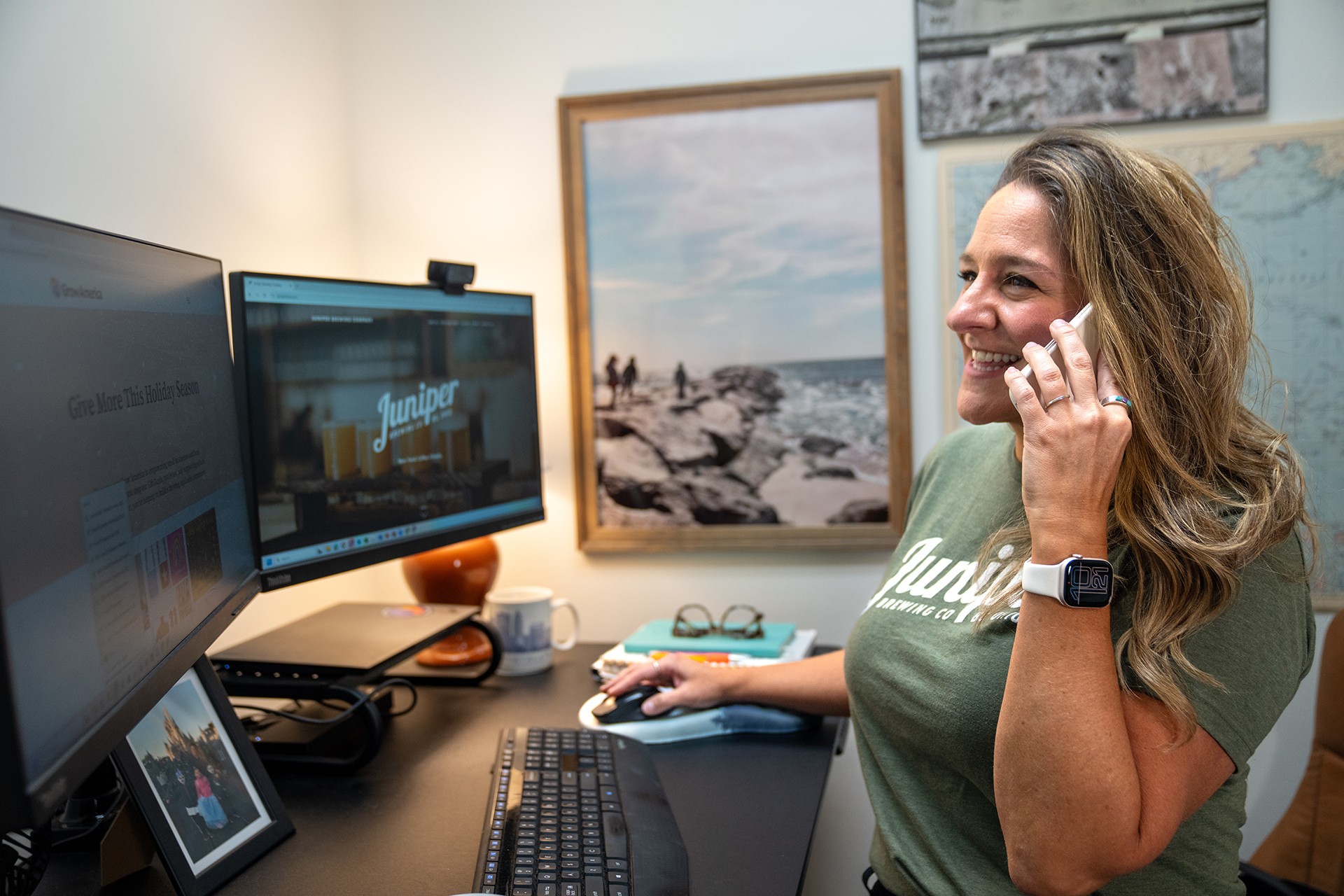 A woman talks on the phone.