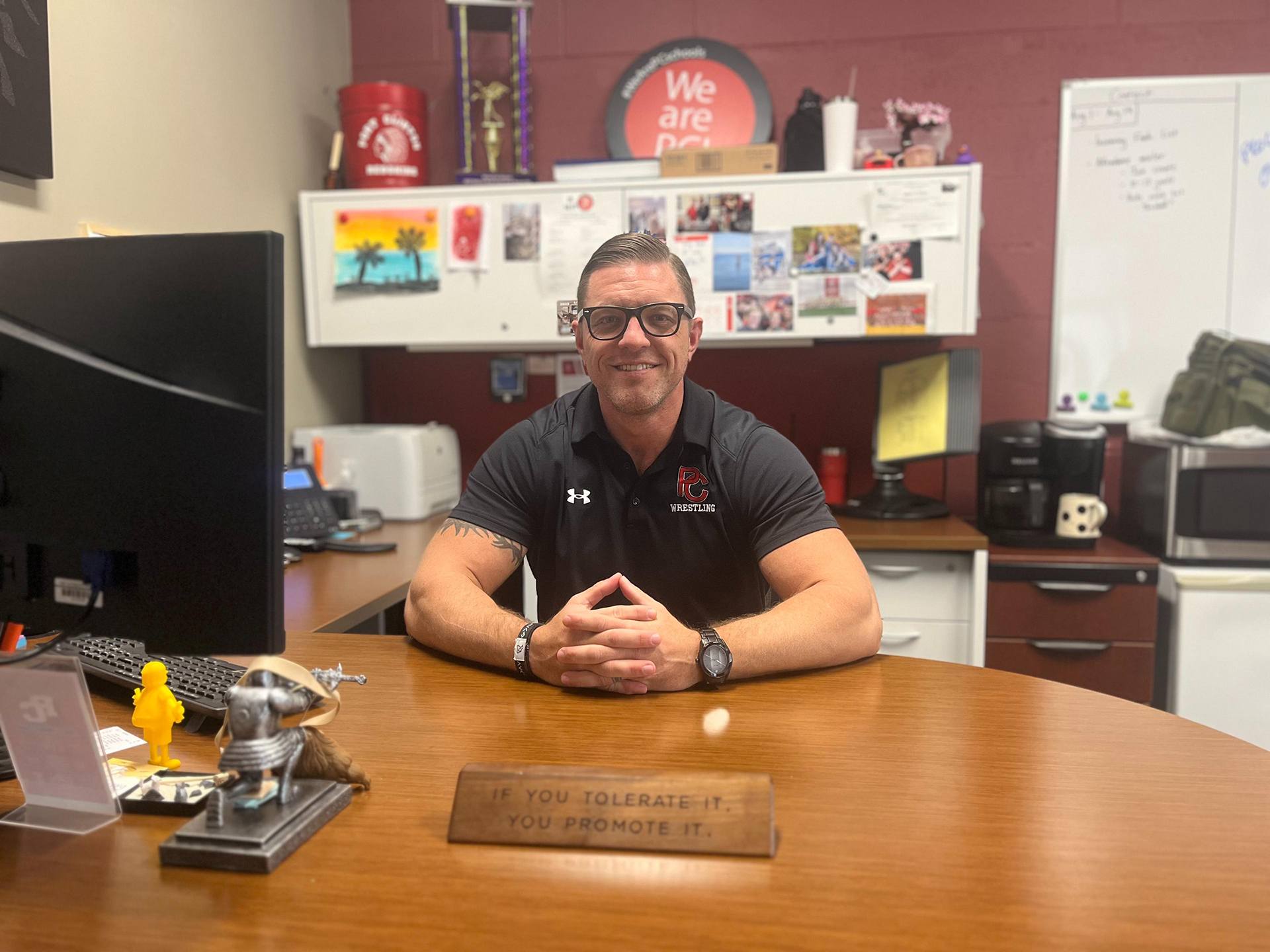 A person sits at a desk