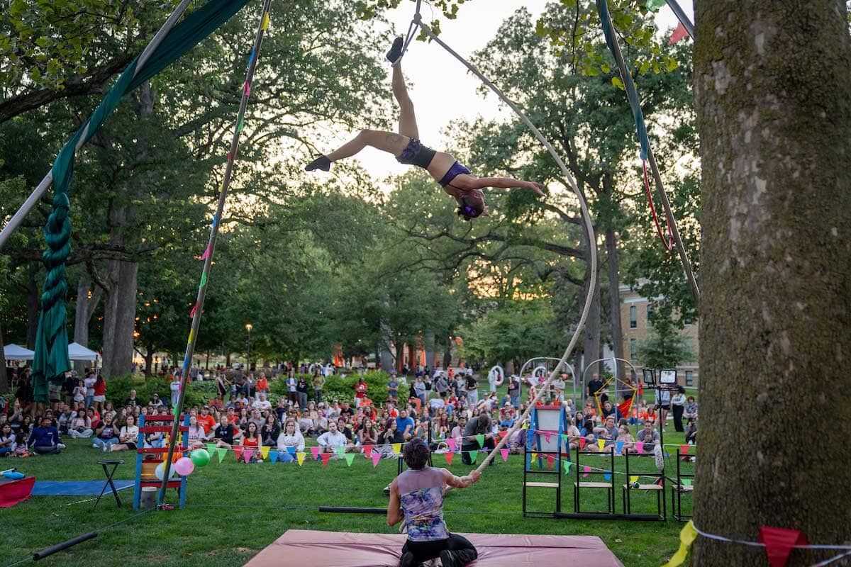 A crowd watches an aerial performer