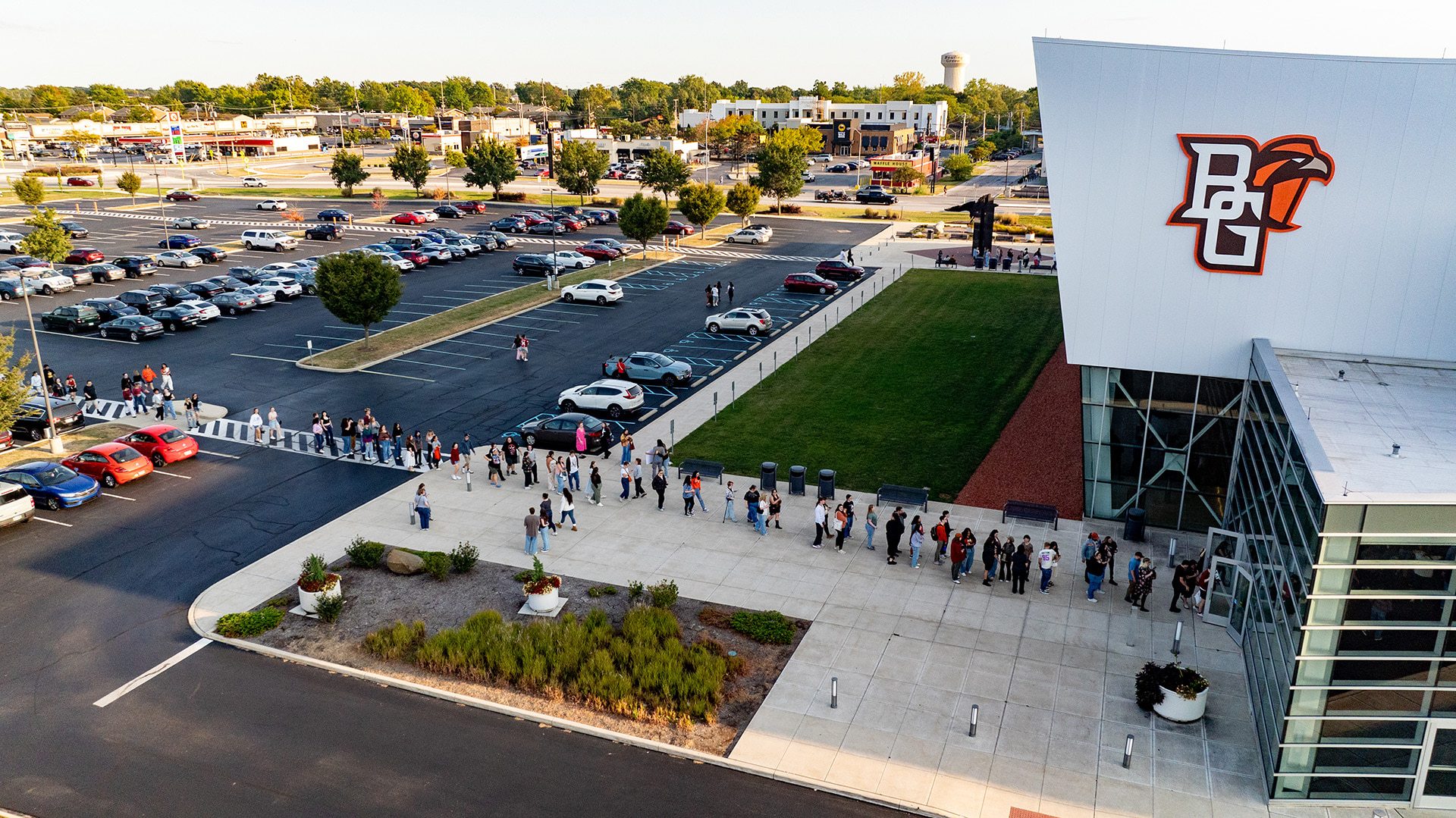 A drone image of BGSU students waiting to enter the Stroh Center