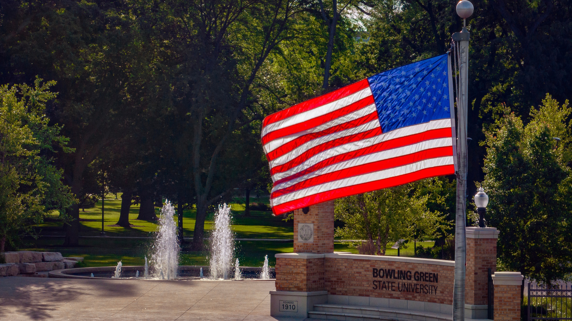 An American flag waves on the campus of Bowling Green State University