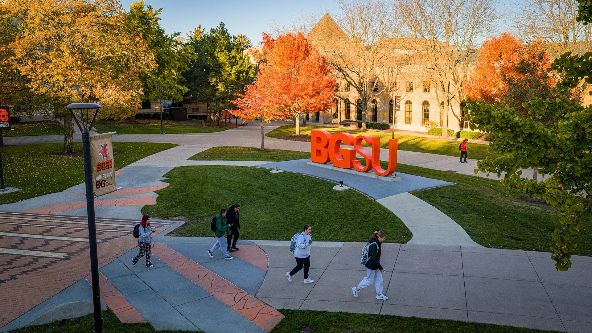An aerial picture of students walking on campus at BGSU.