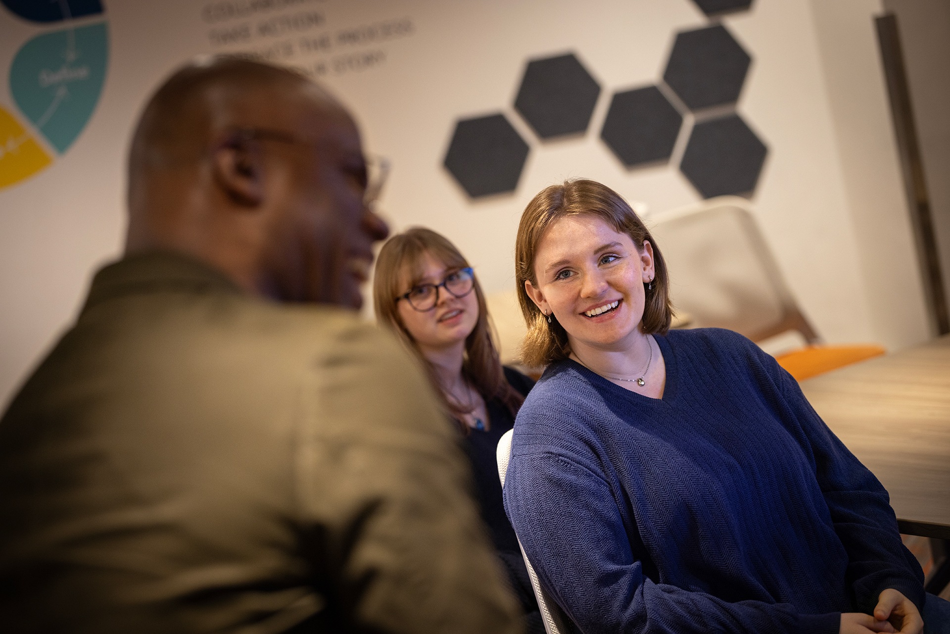 Greg Dickerson, left, and Audrey Rowland, right, in the Radbill Center for College and Life Design.