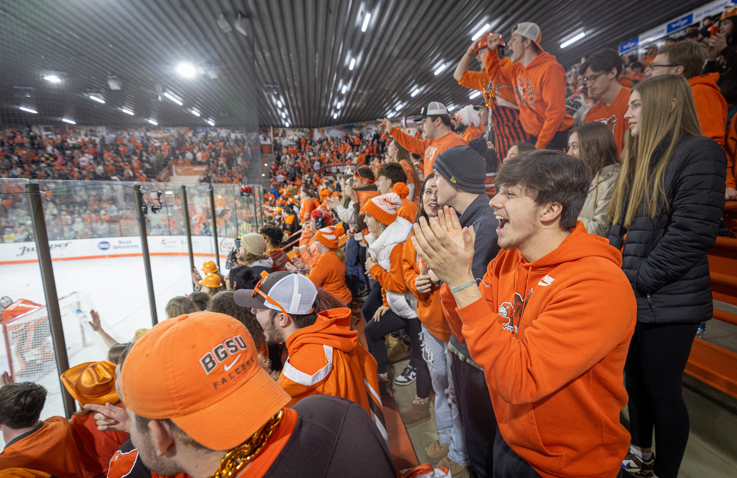 Fans cheer at a hockey game.