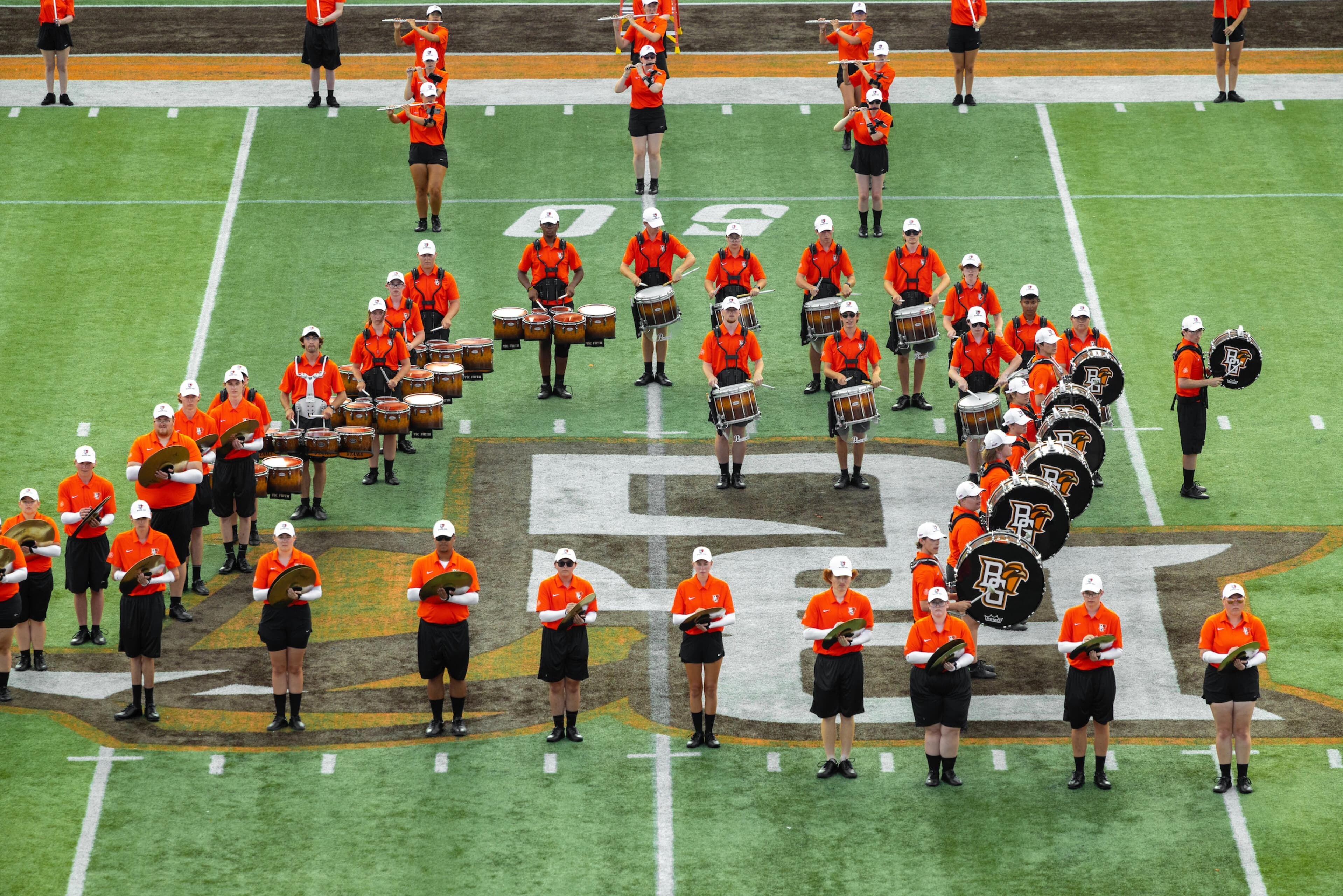 Members of the BGSU Falcon Marching Band performing