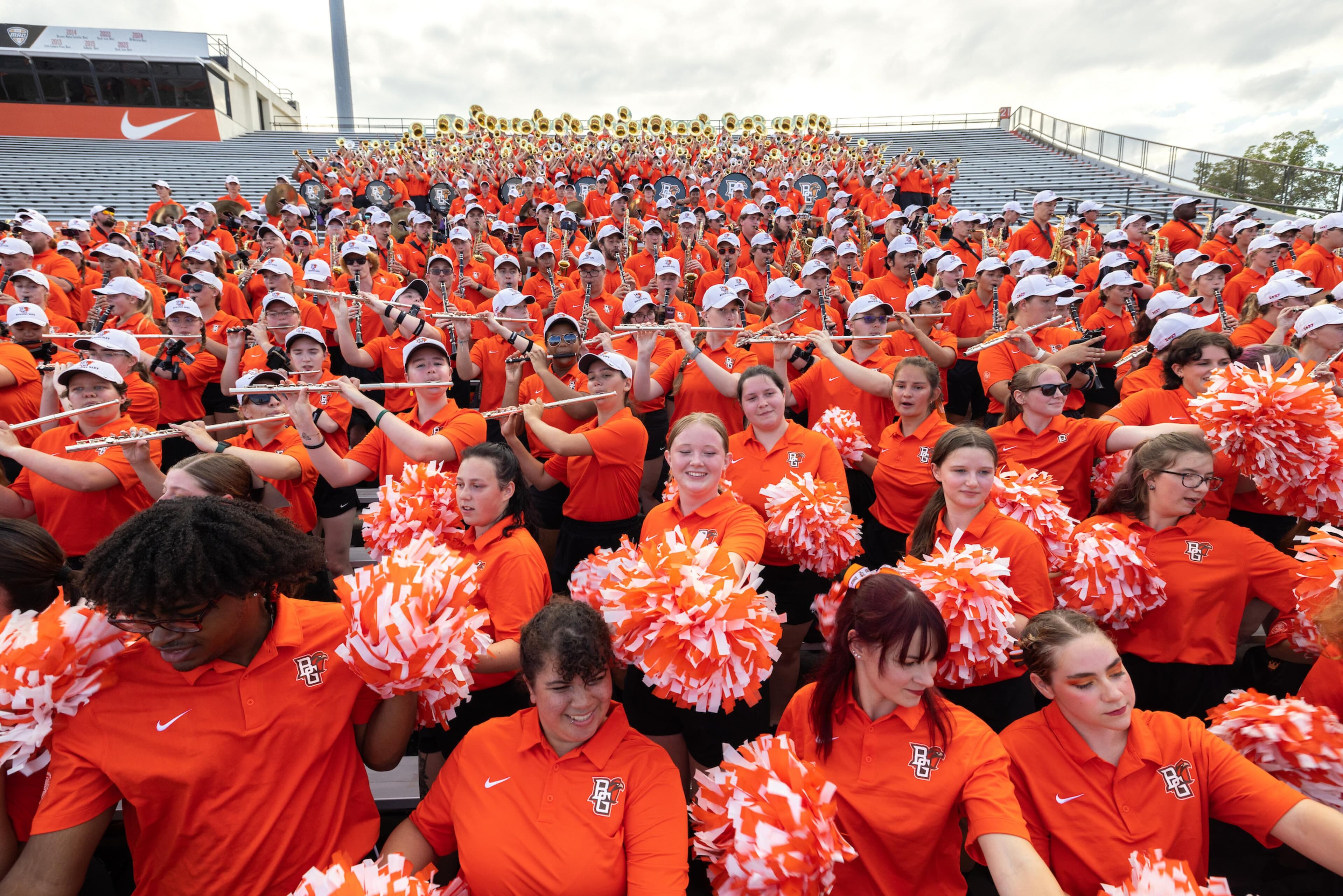A portion of the BGSU Falcon Marching Band in the stands