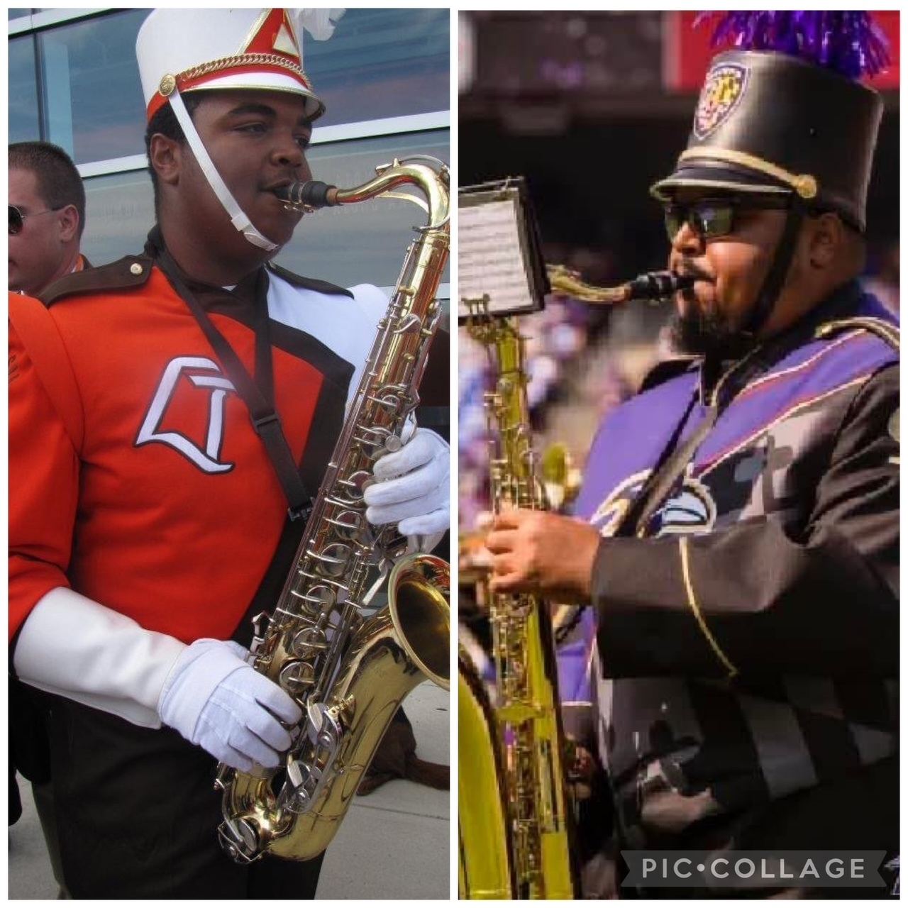 A picture collage of a BGSU saxophone player next to a picture of the person playing for the Ravens Marching Band.