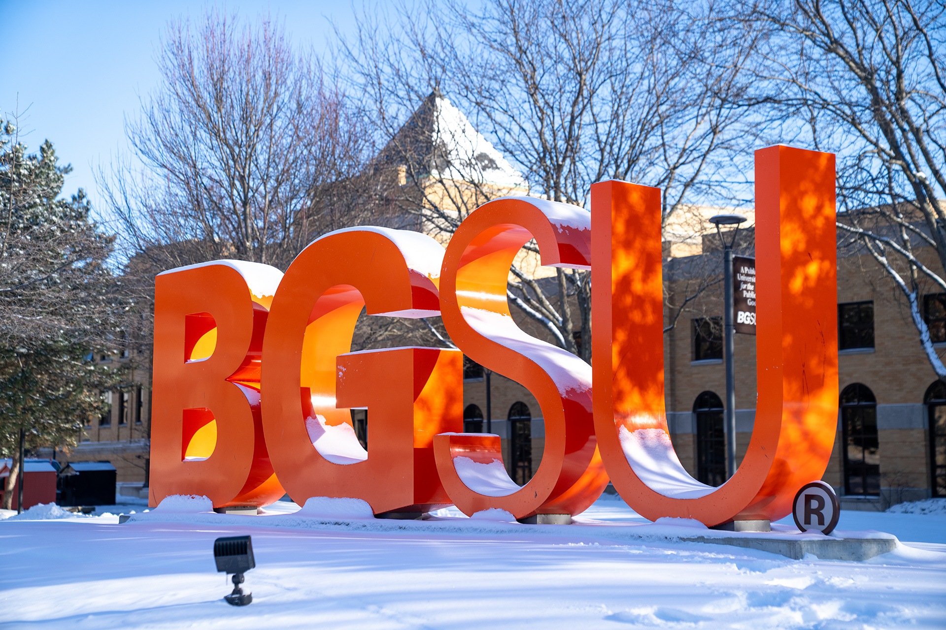 A close up shot of the BGSU letters in the winter