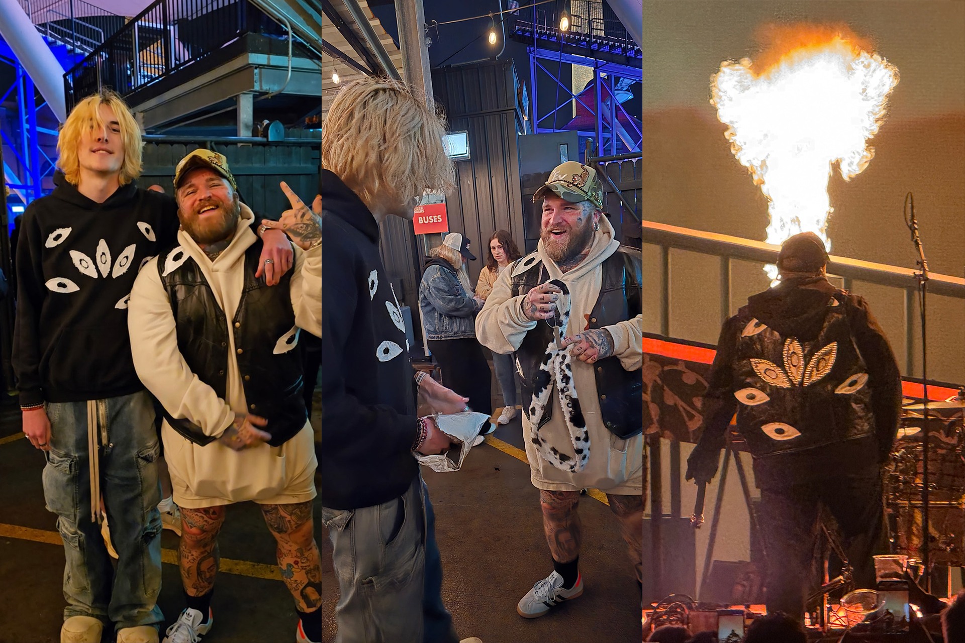 A collage: Two people pose for a picture (left), Two people talk outside of a concert (middle), and a performer stands on stage (right)