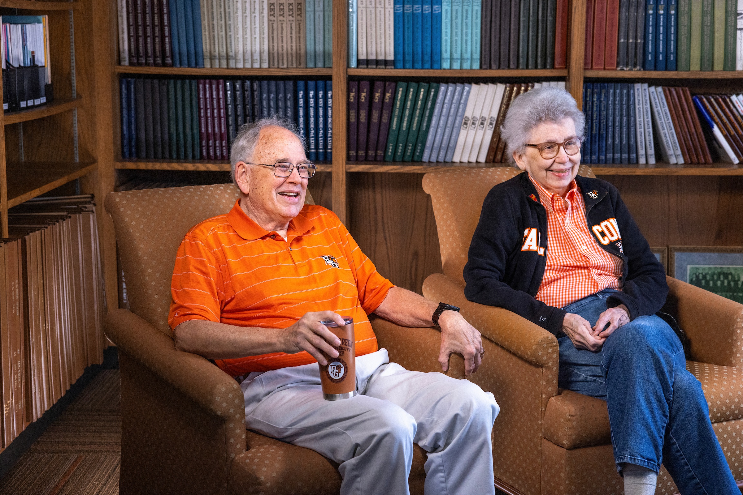 Two people sit for an interview at BGSU