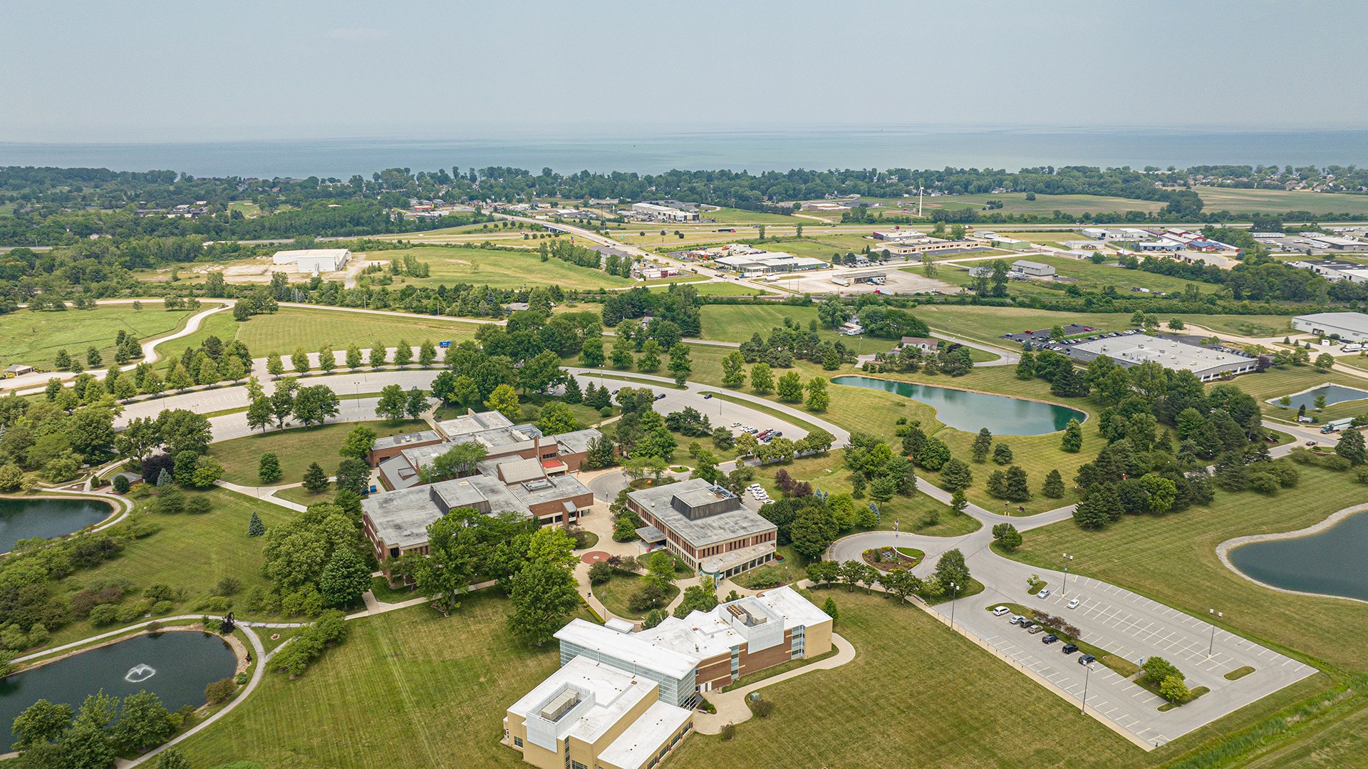 A drone image of BGSU Firelands campus in Huron, Ohio