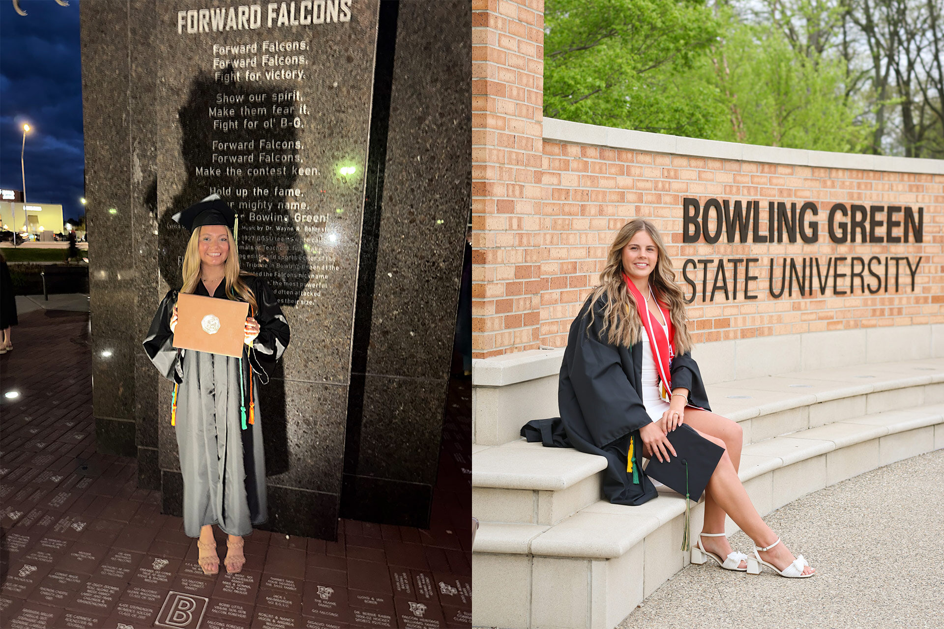 Two pictures side-by-side of BGSU graduates in their graduation gowns.