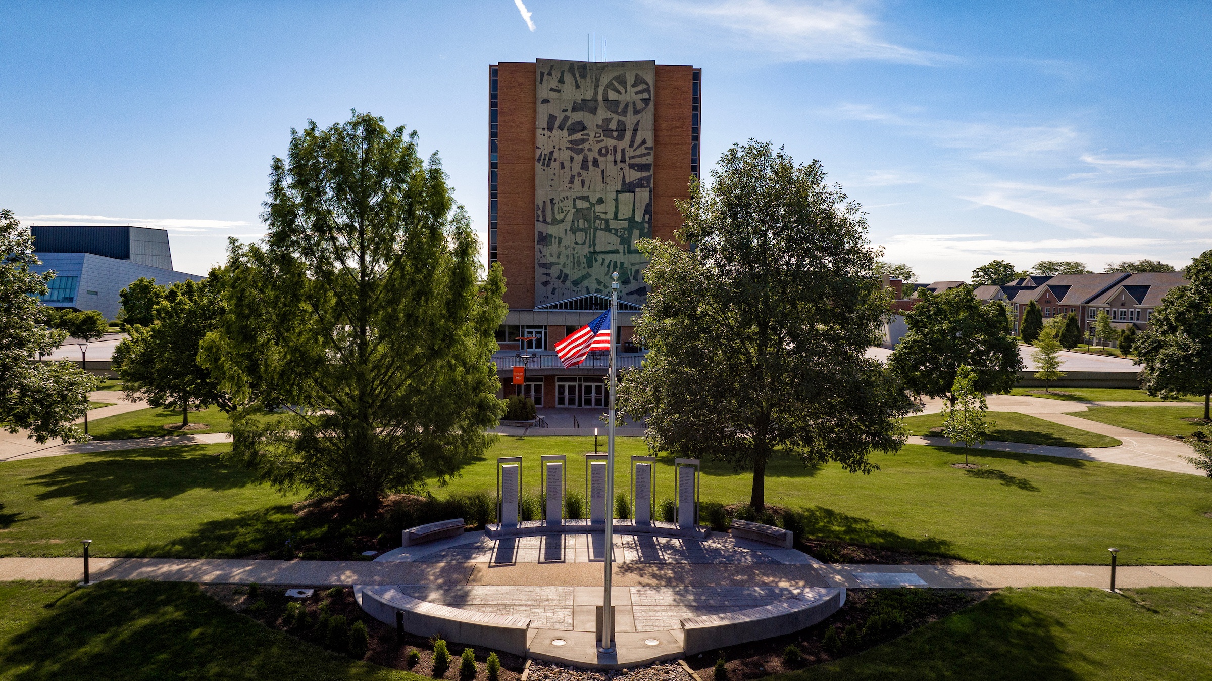 Aerial photo of the Veterans Memorial on the campus of Bowling Green State University.